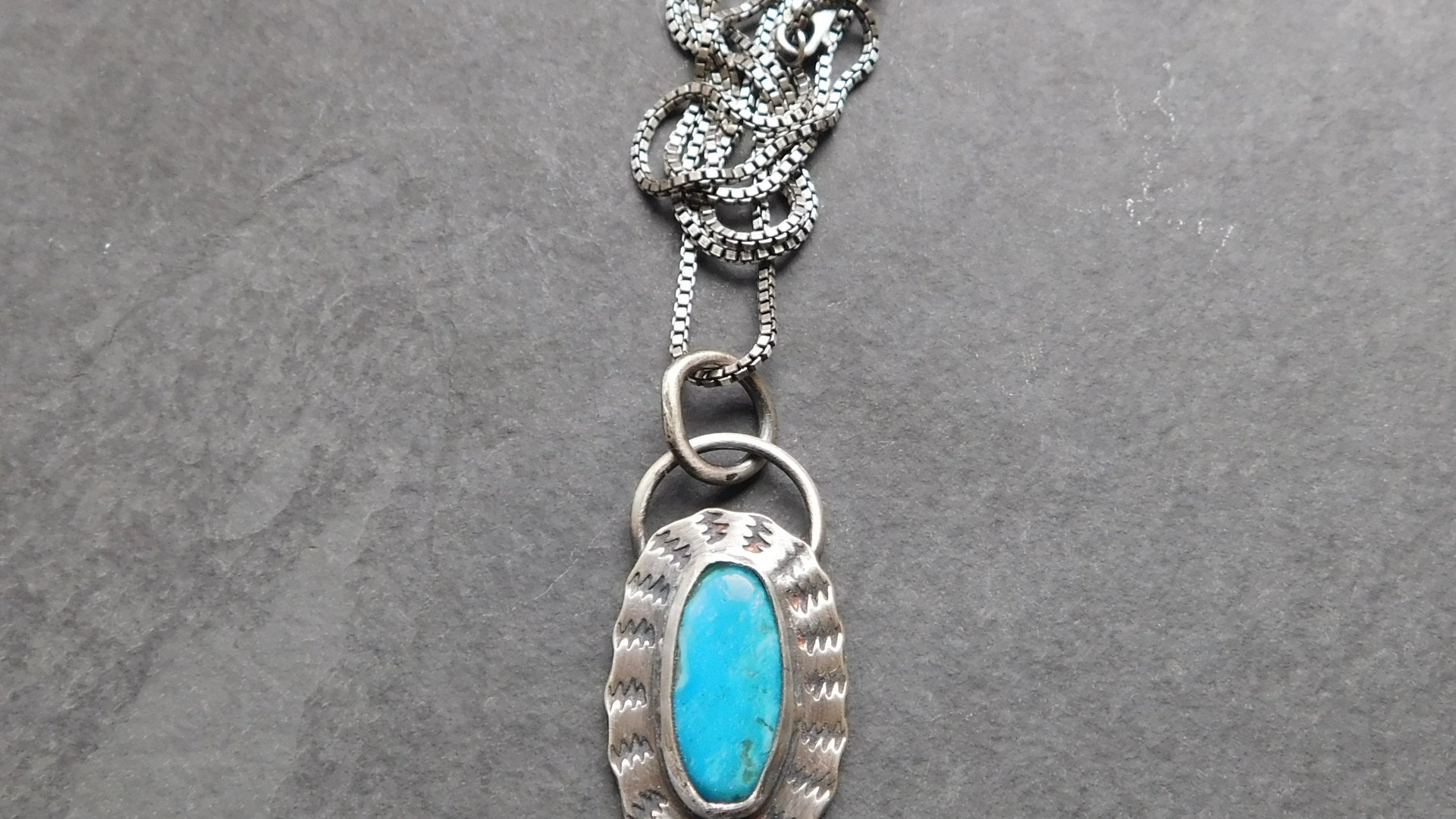 American Turquoise Sterling Silver Stamped Pendant, Kingman Turquoise Boho Necklace