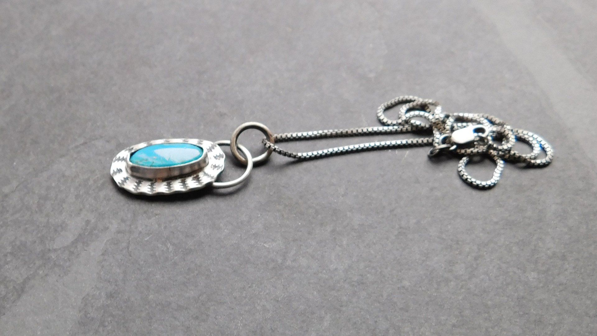 American Turquoise Sterling Silver Stamped Pendant, Kingman Turquoise Boho Necklace