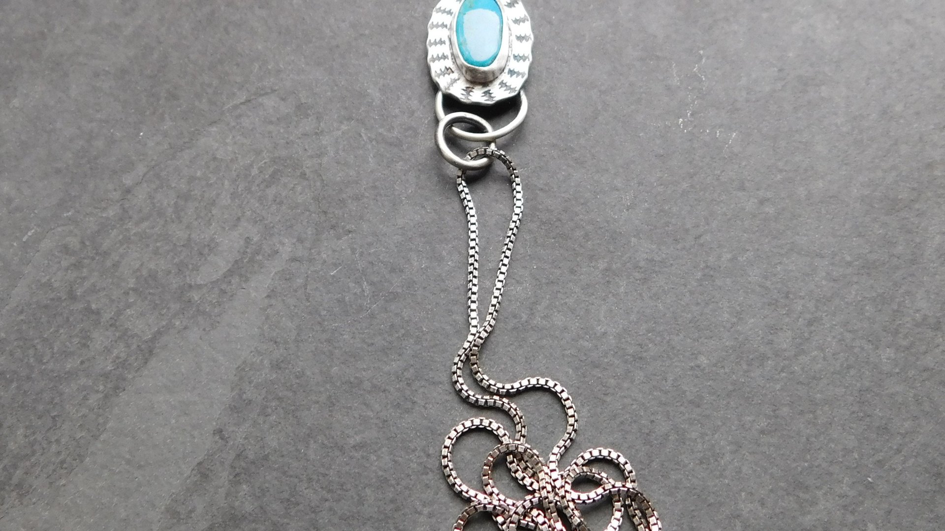 American Turquoise Sterling Silver Stamped Pendant, Kingman Turquoise Boho Necklace