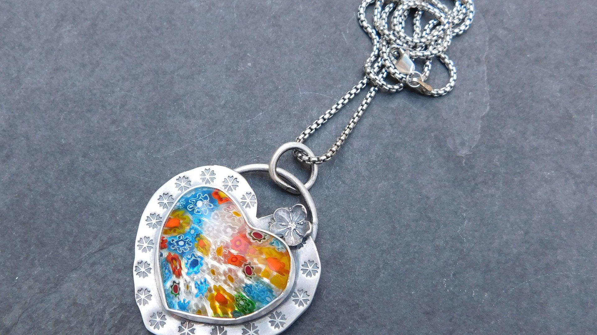 Millefiori Glass Heart Sterling Silver Stamped Pendant, Multi Color Flower Heart Necklace