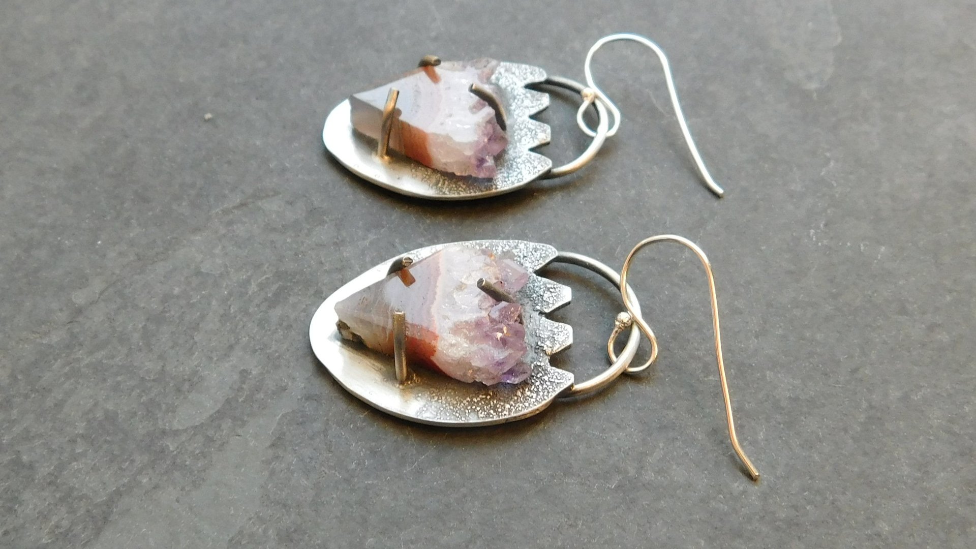 Amethyst Slice Raw Mineral Sterling Silver Boho Earrings, Natural Amethyst Crystal Dangles