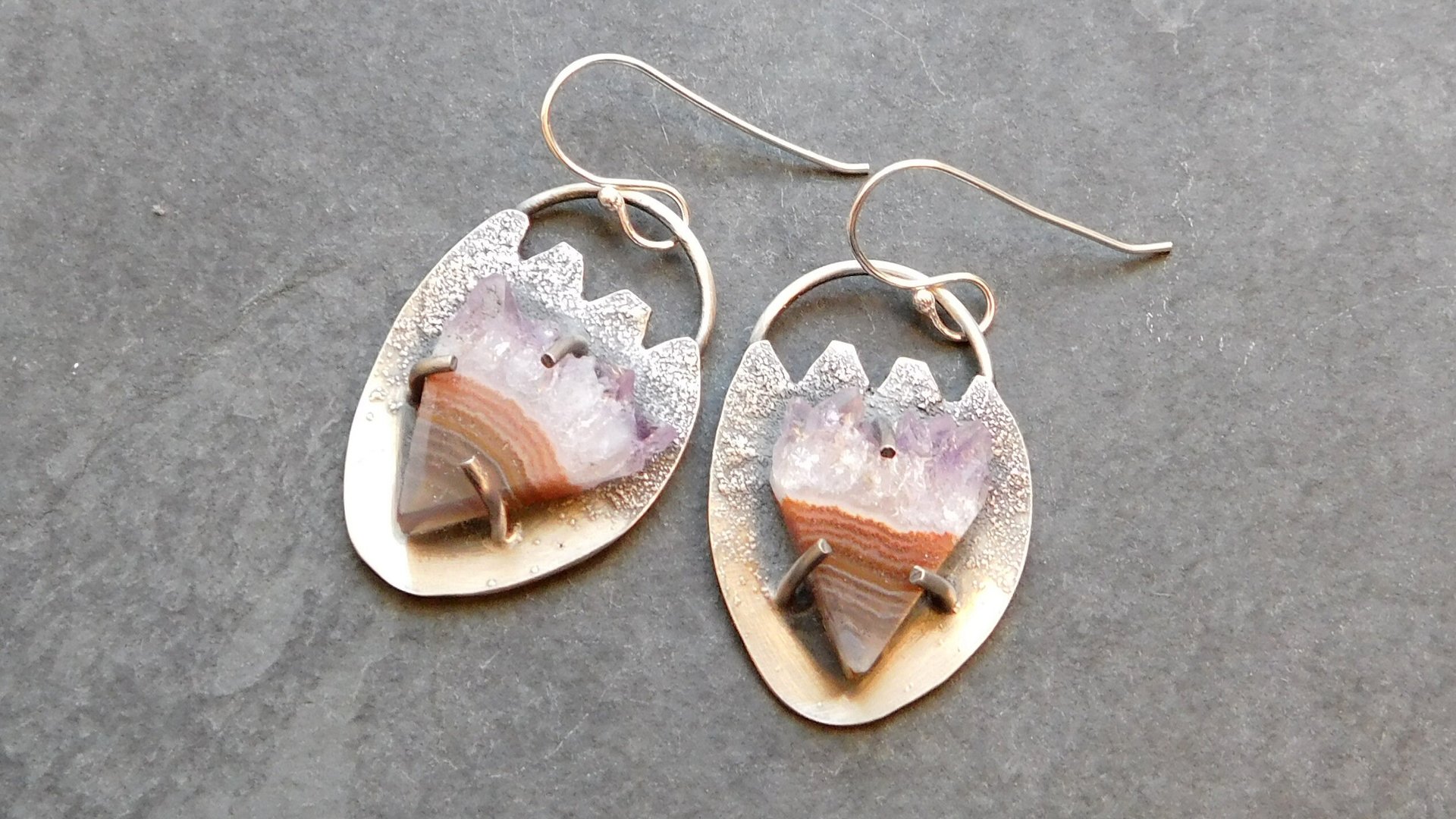 Amethyst Slice Raw Mineral Sterling Silver Boho Earrings, Natural Amethyst Crystal Dangles