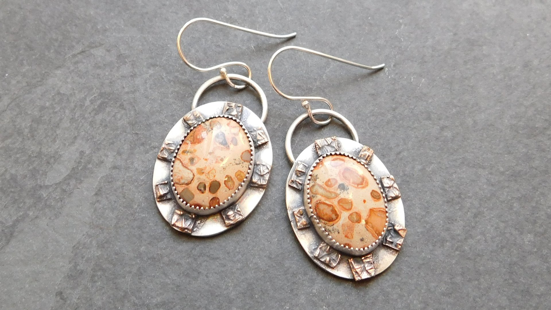 Leopard Skin Jasper Sterling Bronze Earrings, Mixed Metal Earth Tone Stone Dangles
