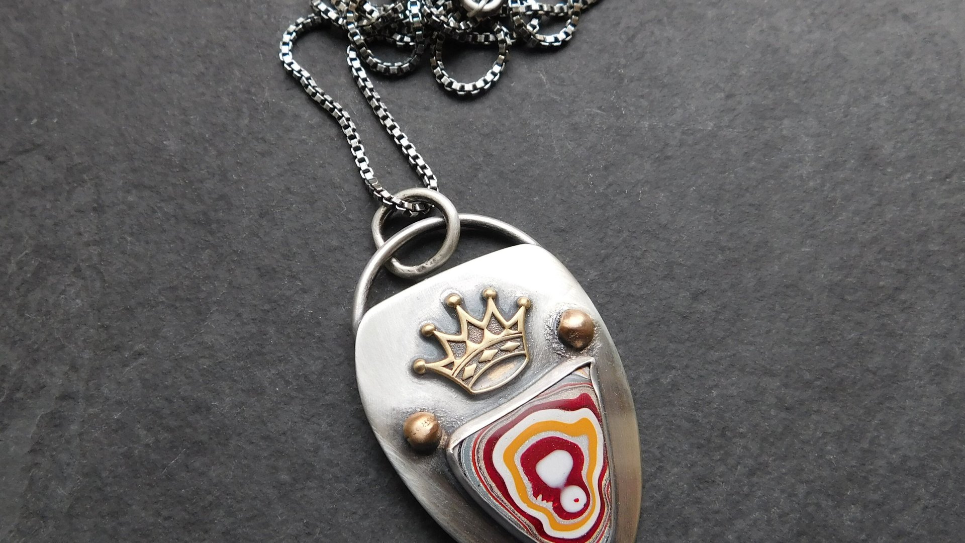 Whimsical Red Yellow Fordite Sterling Silver Bronze Pendant, Mixed Metal Fun Fordite Crown Necklace