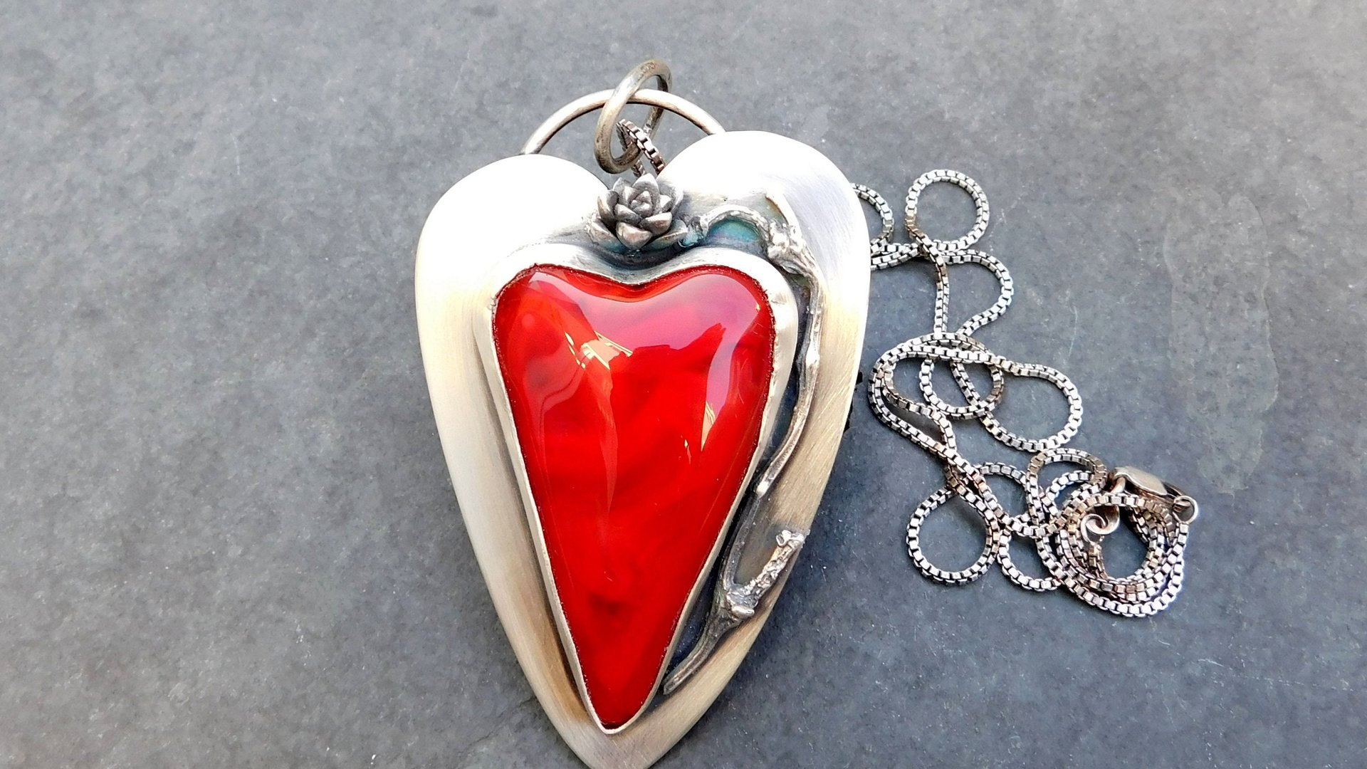 Red Lampwork Glass Heart Sterling Silver Pendant, Rose Heart Asymmetrical Statement Necklace