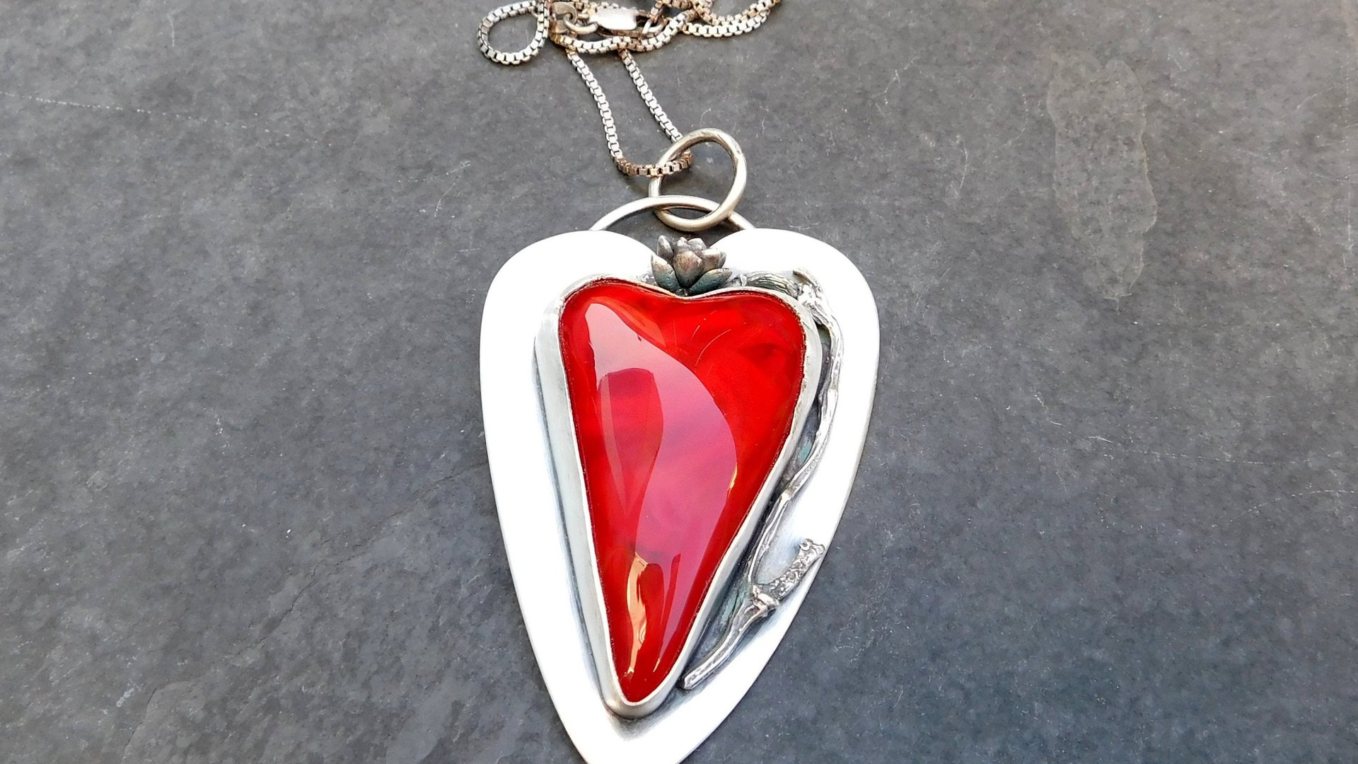 Red Lampwork Glass Heart Sterling Silver Pendant, Rose Heart Asymmetrical Statement Necklace