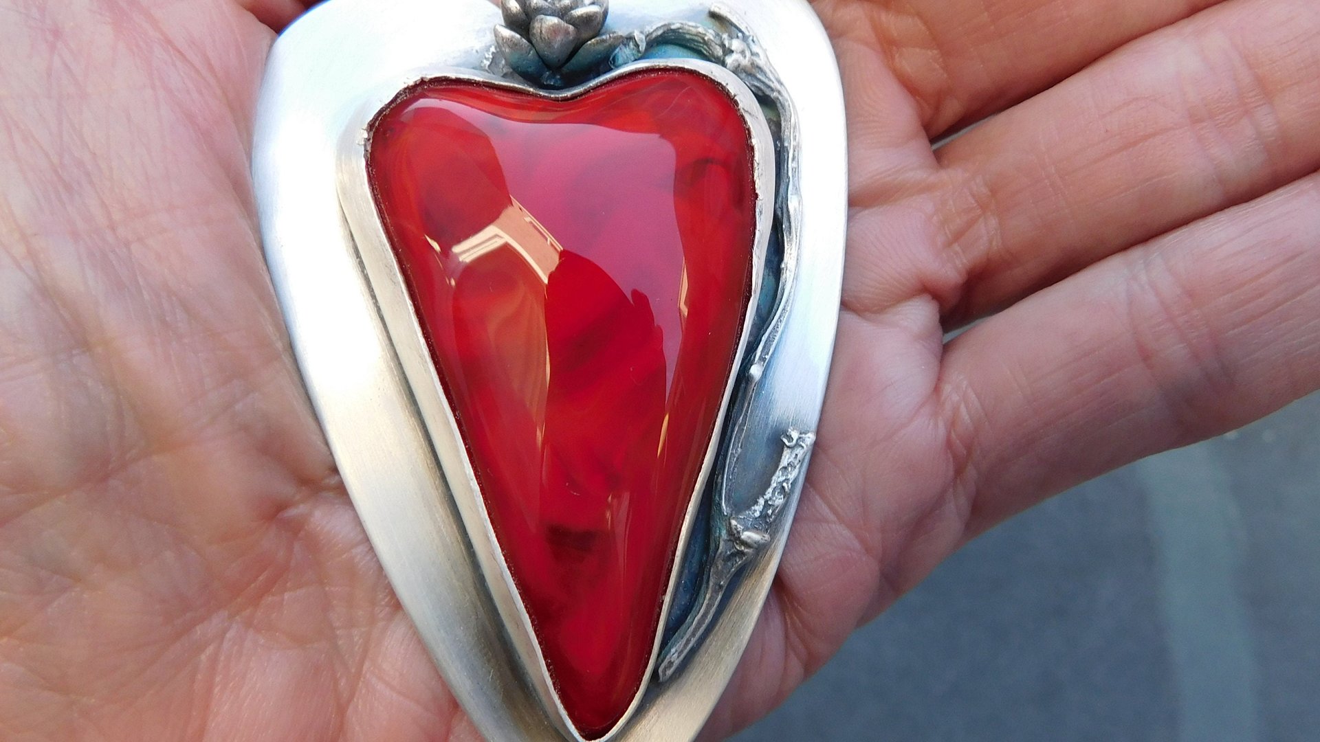 Red Lampwork Glass Heart Sterling Silver Pendant, Rose Heart Asymmetrical Statement Necklace