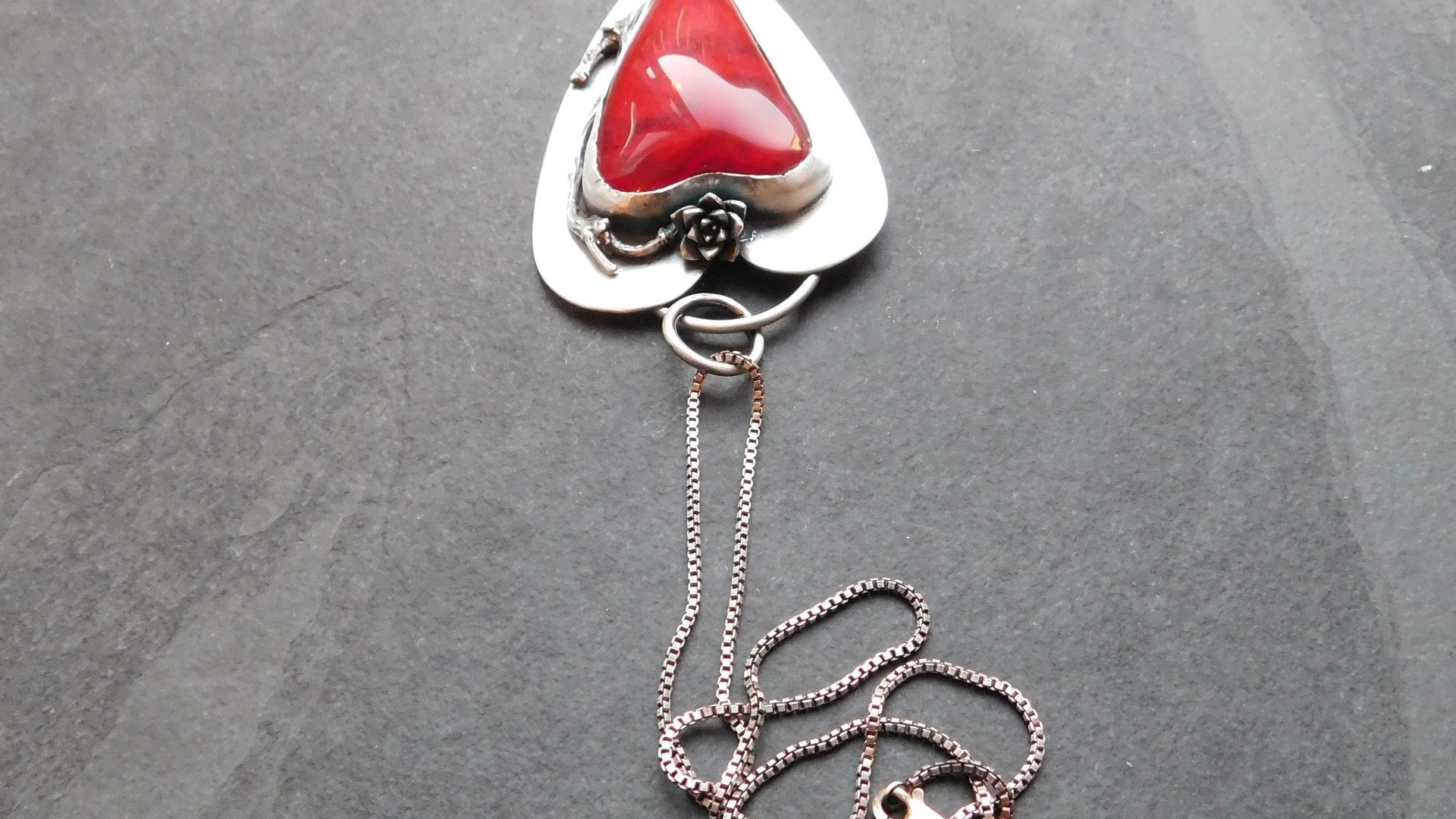 Red Lampwork Glass Heart Sterling Silver Pendant, Rose Heart Asymmetrical Statement Necklace