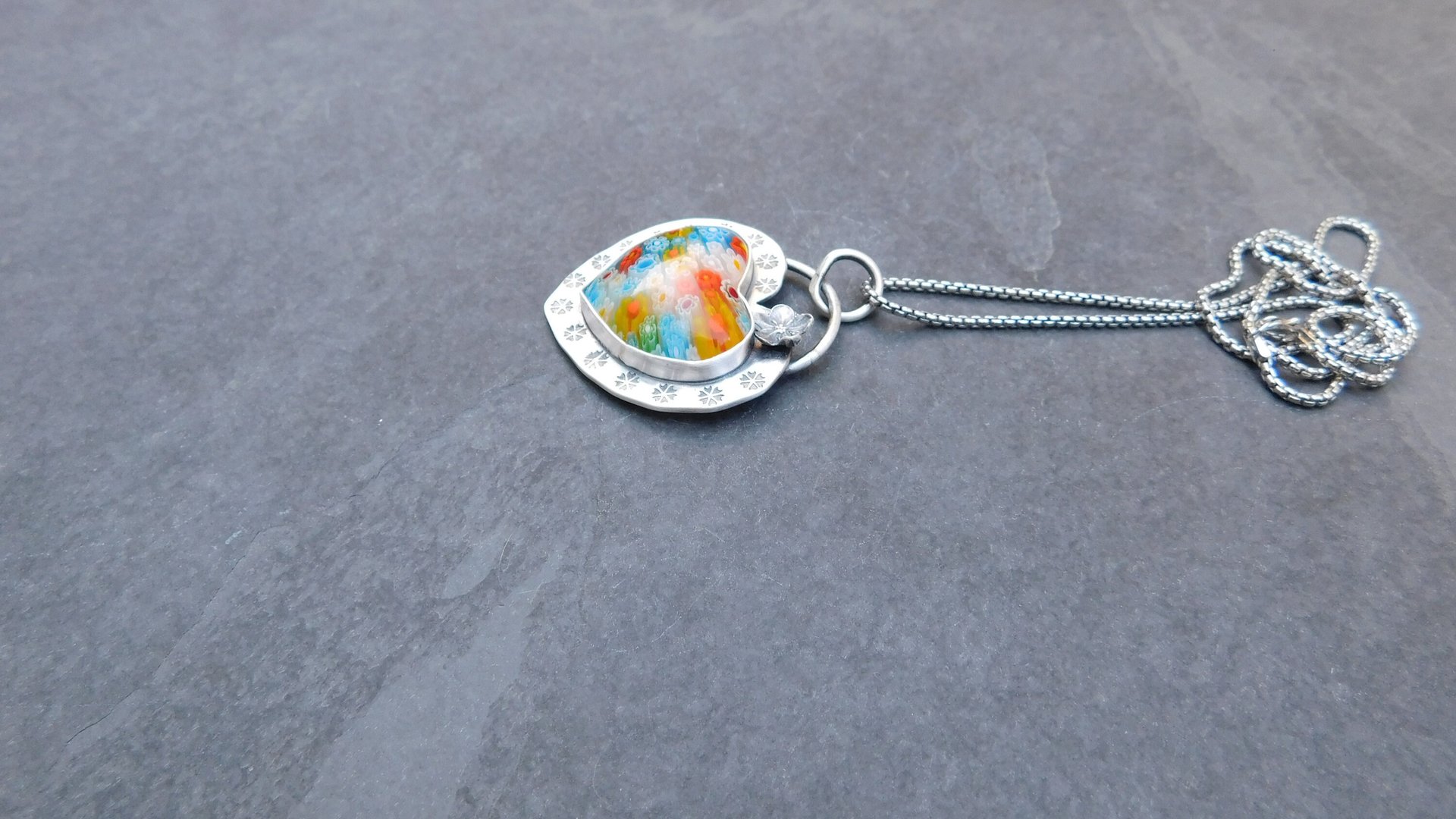 Millefiori Glass Heart Sterling Silver Stamped Pendant, Multi Color Flower Heart Necklace