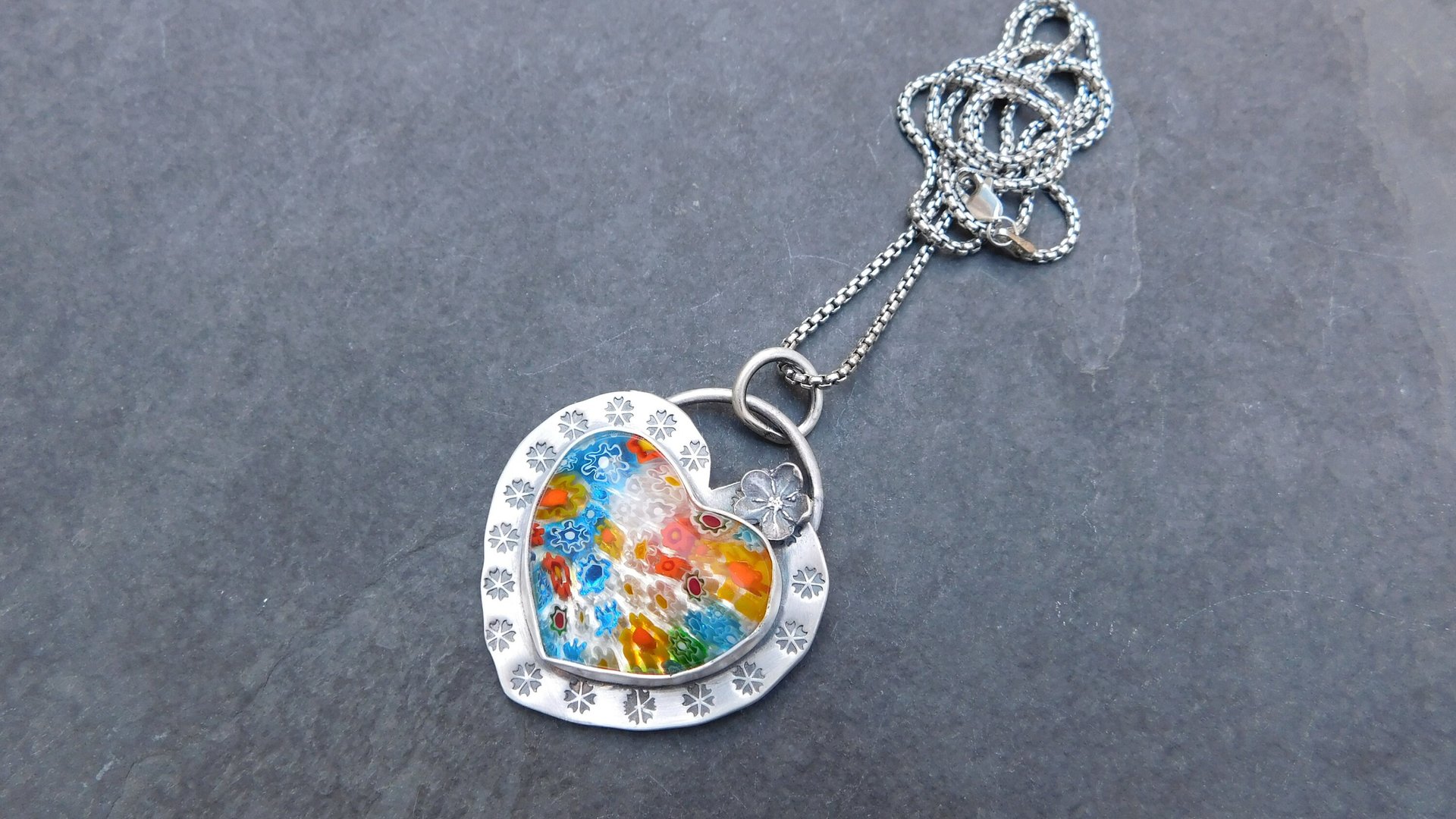 Millefiori Glass Heart Sterling Silver Stamped Pendant, Multi Color Flower Heart Necklace