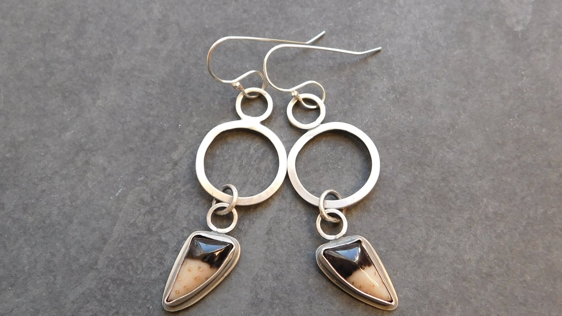Petrified Fern Mod Hoop Sterling Silver Earrings, Black Tan Stone Dangle Hoops