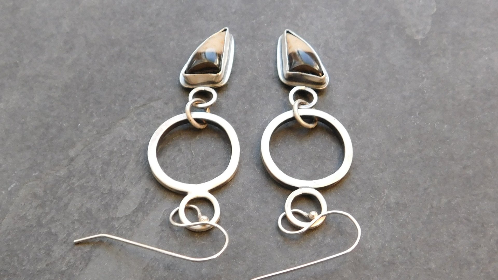 Petrified Fern Mod Hoop Sterling Silver Earrings, Black Tan Stone Dangle Hoops