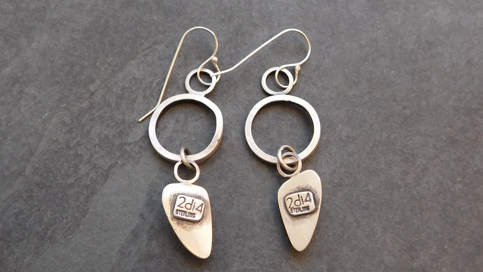 Petrified Fern Mod Hoop Sterling Silver Earrings, Black Tan Stone Dangle Hoops