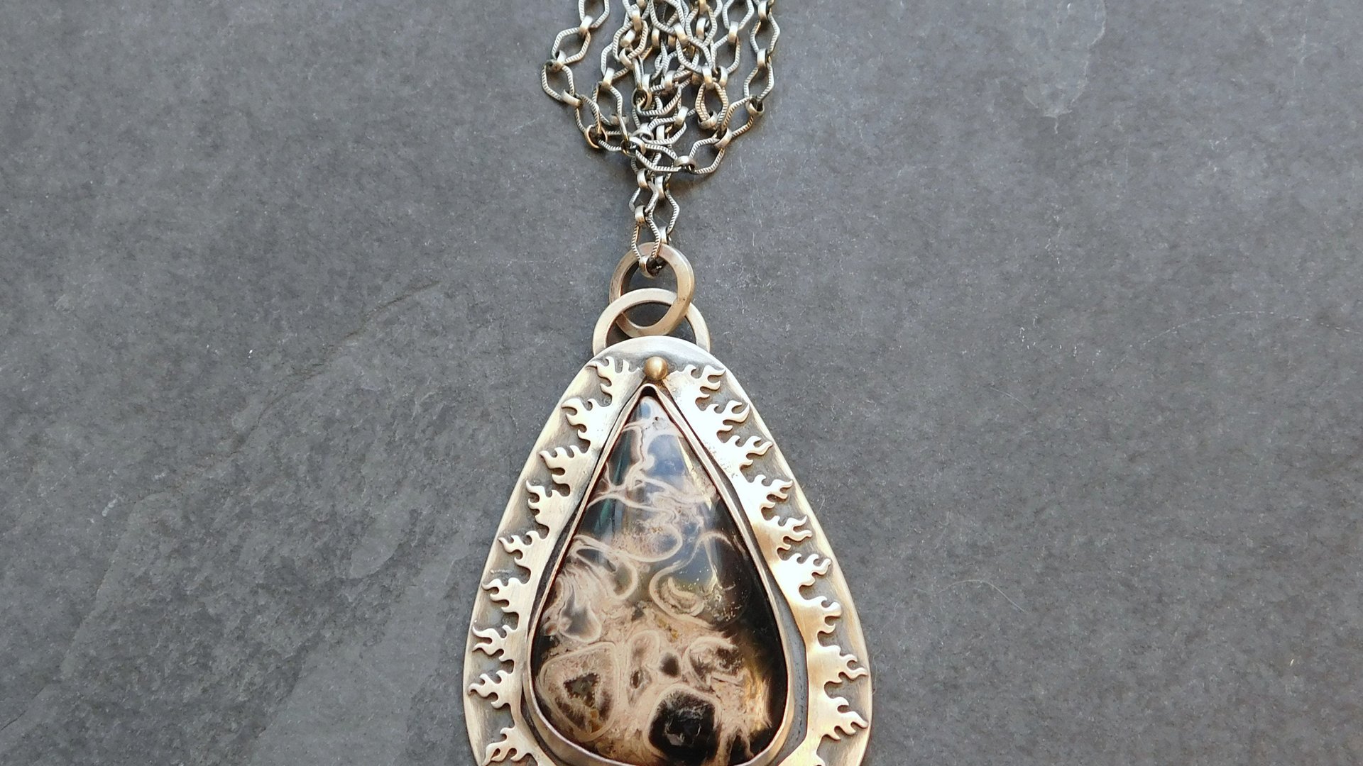 Petrified Palm Wood Black Gold Stone Sterling Silver Flame Pendant, Fire Pattern Mixed Metal Modernist Necklace