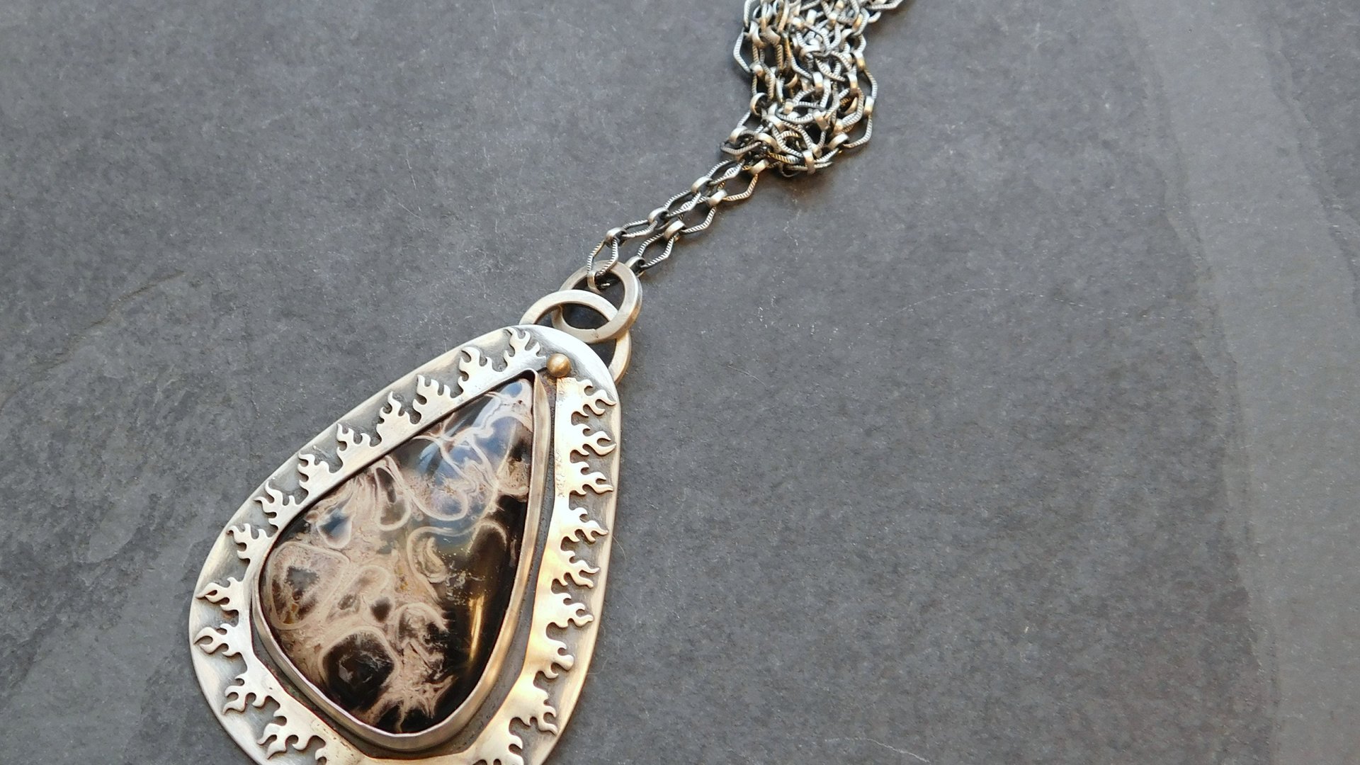 Petrified Palm Wood Black Gold Stone Sterling Silver Flame Pendant, Fire Pattern Mixed Metal Modernist Necklace