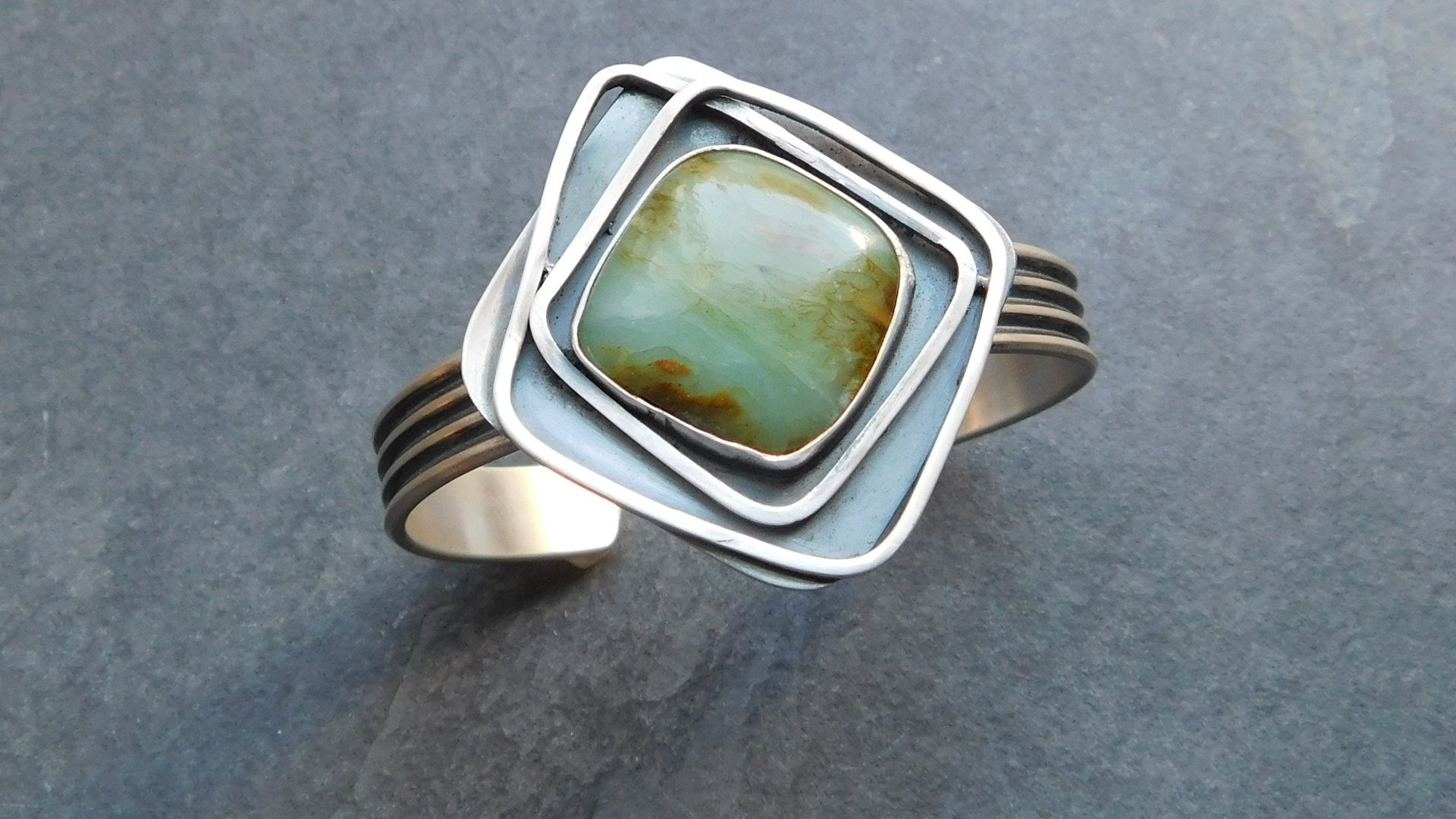Peruvian Blue Opal Statement Cuff, Oxidized Sterling Silver, Geometric Wire Stone Bracelet