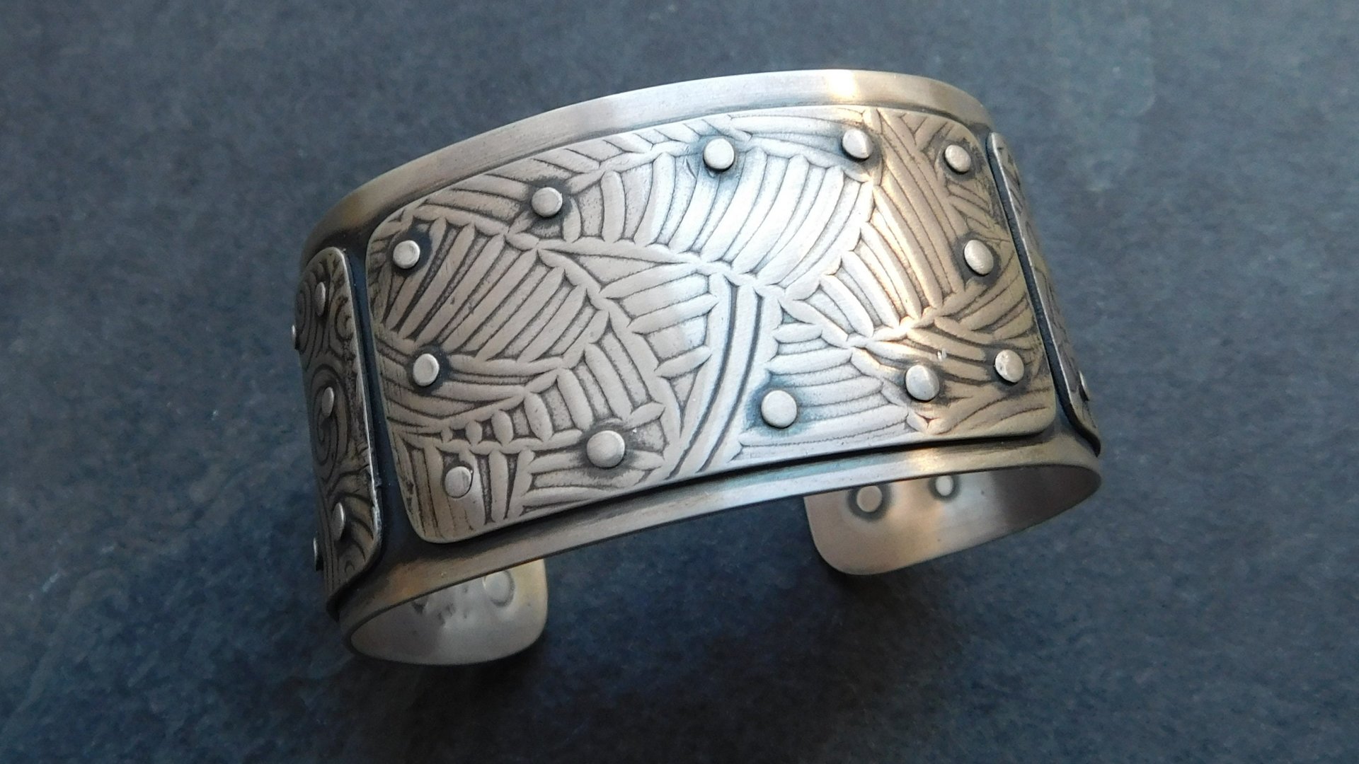 Mixed Pattern Riveted Cuff, Oxidized Sterling Silver, Ornate Metal Hardware Statement Bracelet