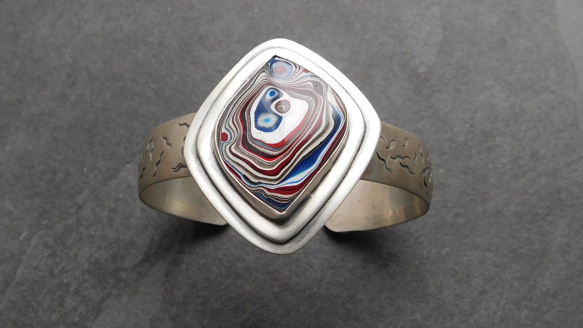 Fordite Modernist Cuff, Oxidized Sterling Silver, Detroit Fordite Bracelet