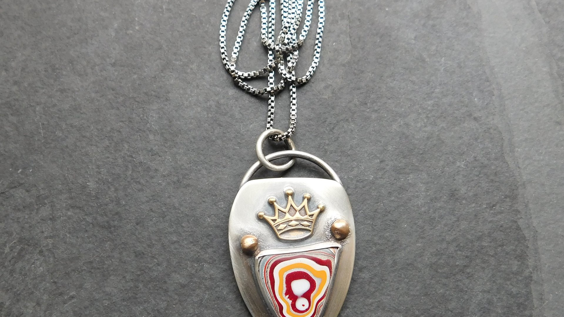 Whimsical Red Yellow Fordite Sterling Silver Bronze Pendant, Mixed Metal Fun Fordite Crown Necklace