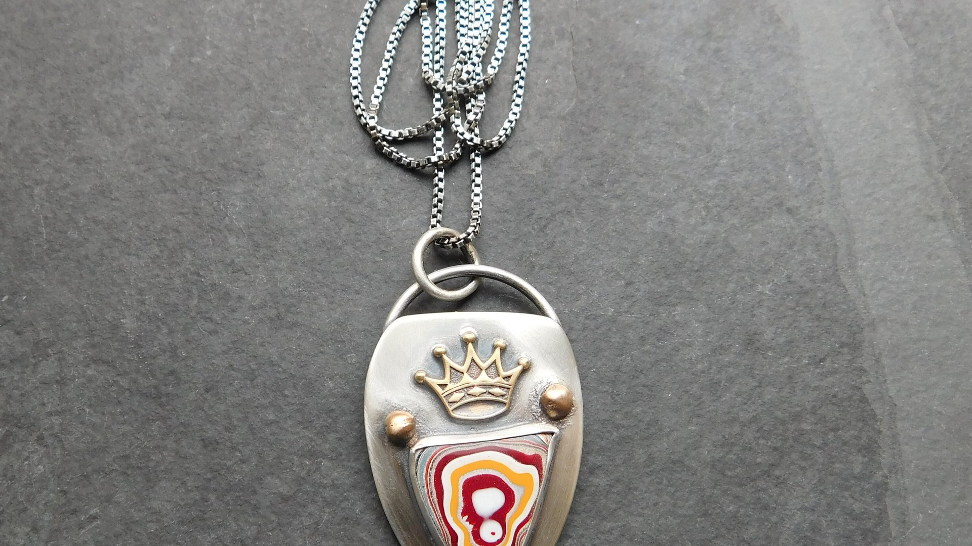 Whimsical Red Yellow Fordite Sterling Silver Bronze Pendant, Mixed Metal Fun Fordite Crown Necklace