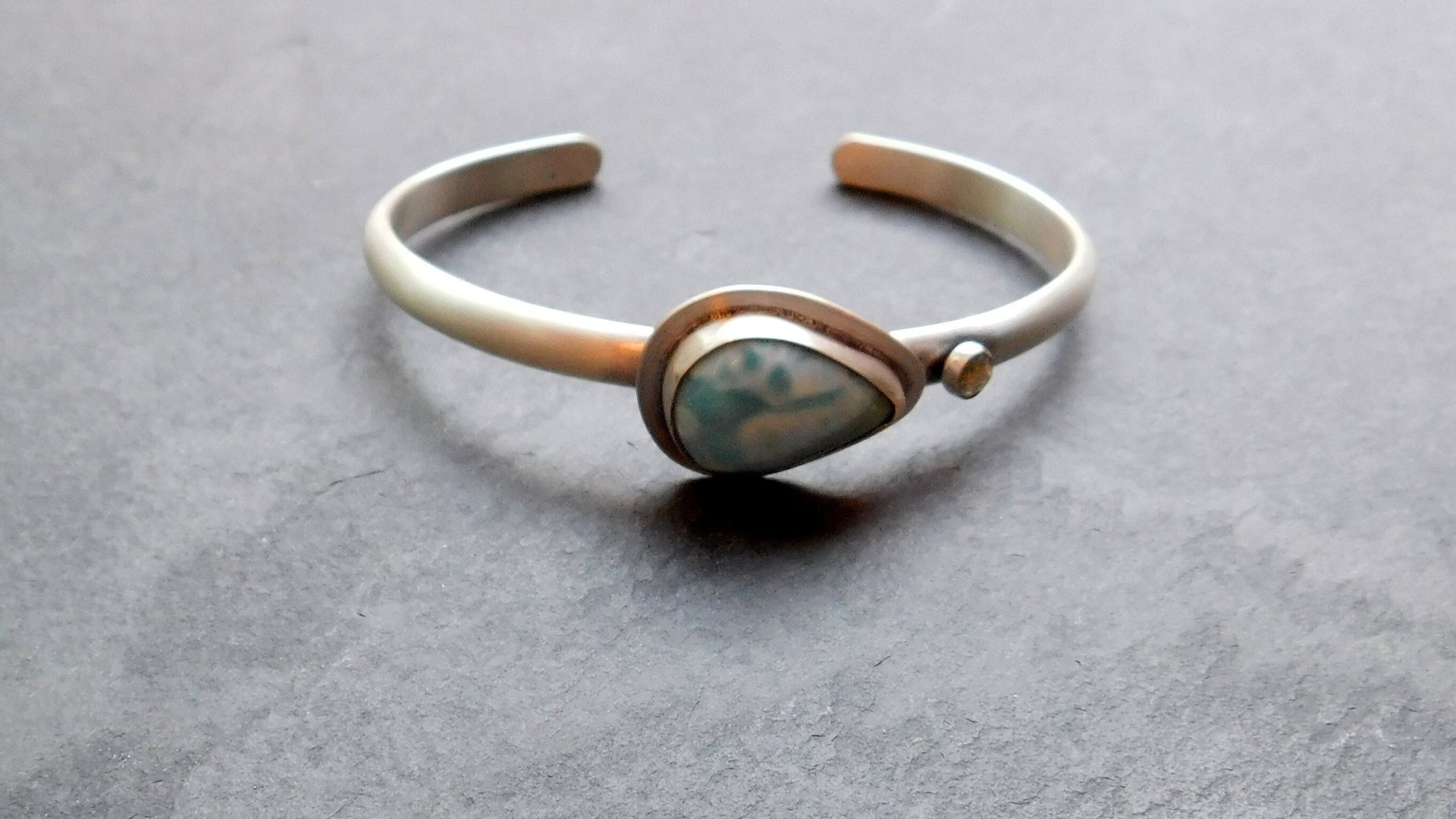 Larimar Teardrop Stone Light Blue Topaz Sterling Silver Cuff Bracelet, Ocean Blue Stone, Beach Jewelry