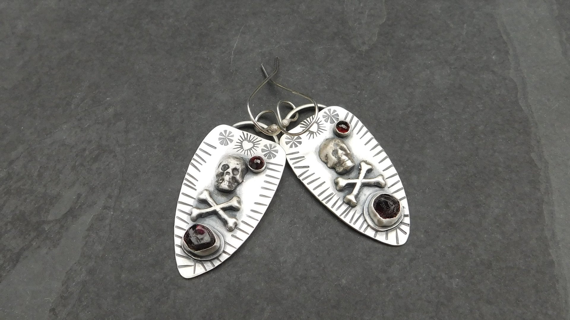 Skull Crossbone Rough Ant Hill Garnet Sterling Silver Earrings, Gemstone Skull Jewelry, Day Of The Dead Dangles