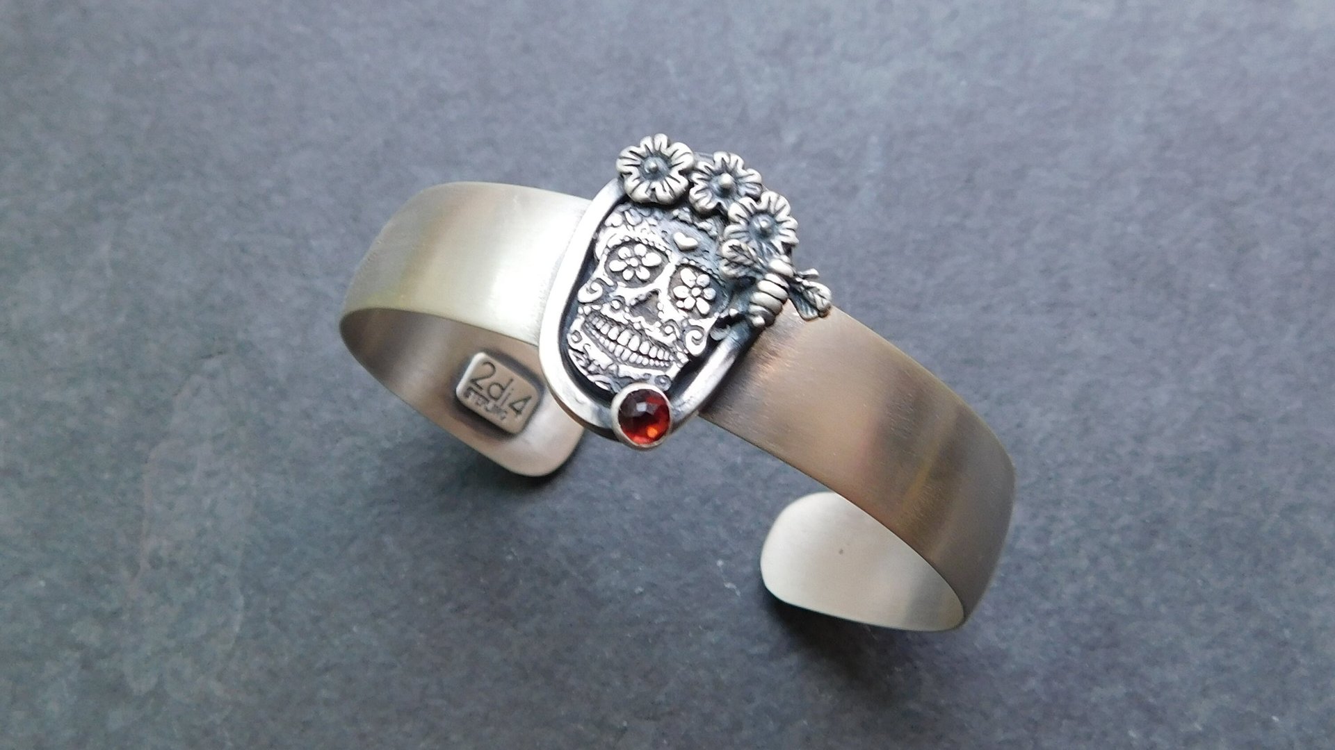 Sterling Silver Sugar Skull Floral Garnet Cuff Bracelet, Day Of The Dead Jewelry