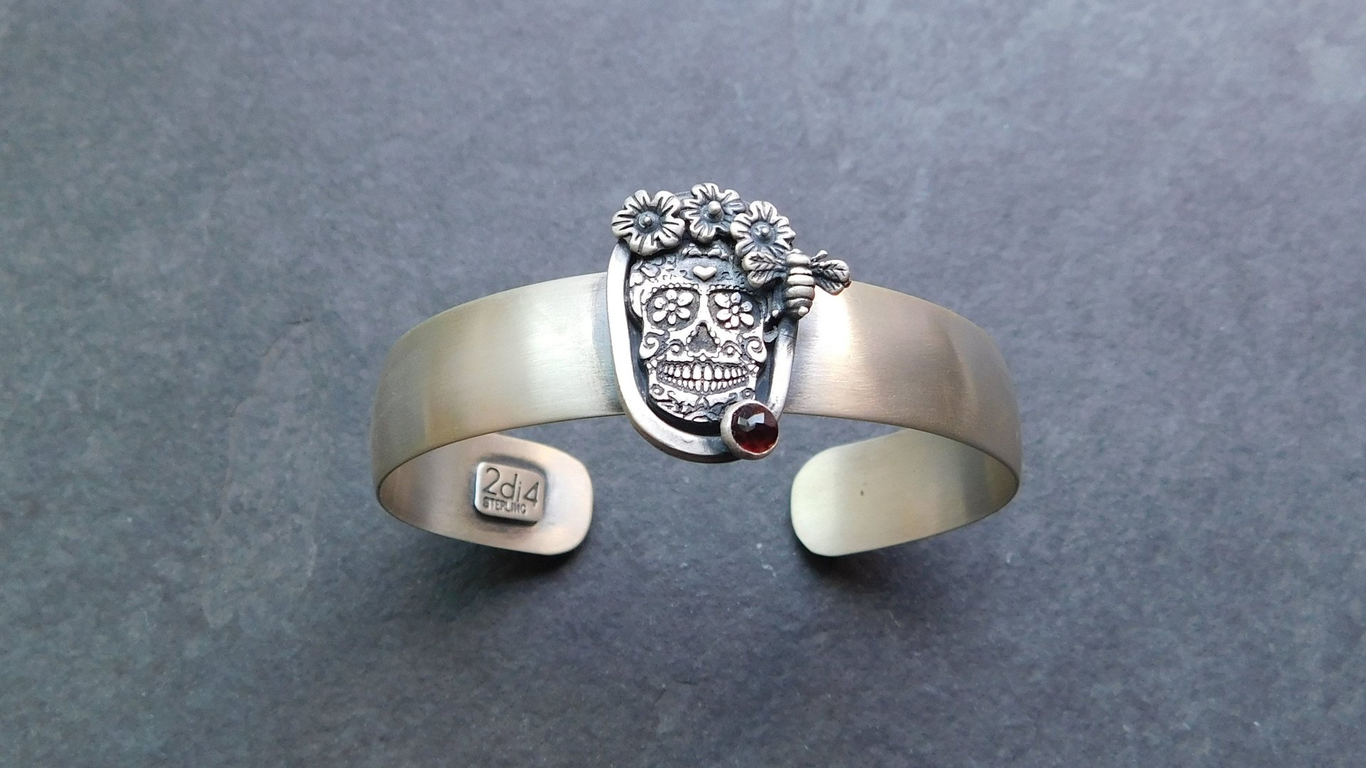 Sterling Silver Sugar Skull Floral Garnet Cuff Bracelet, Day Of The Dead Jewelry