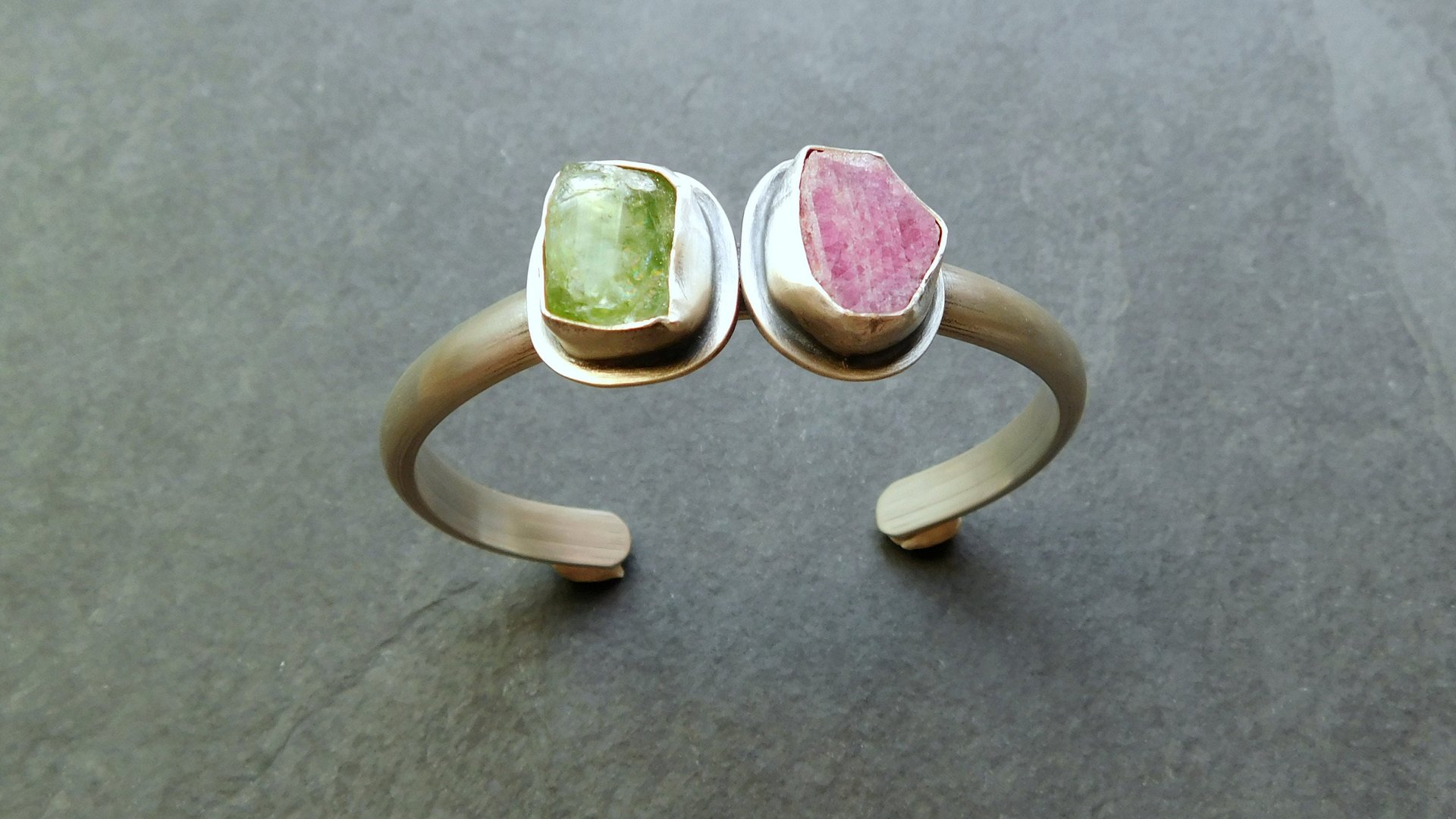 Raw Mineral Peridot Ruby Sterling Silver Bracelet, Pink Green Natural Crystal Jewelry