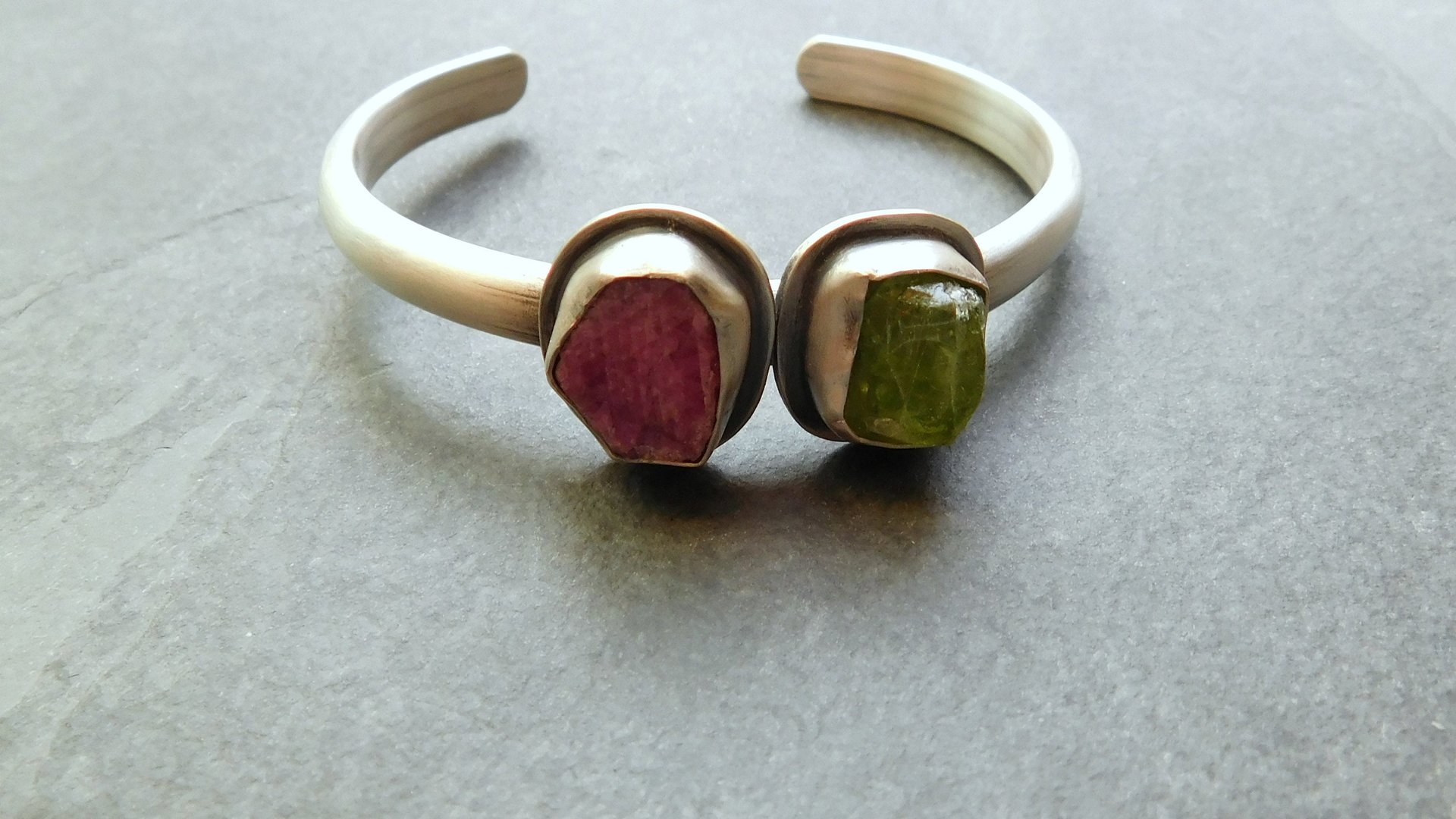 Raw Mineral Peridot Ruby Sterling Silver Bracelet, Pink Green Natural Crystal Jewelry