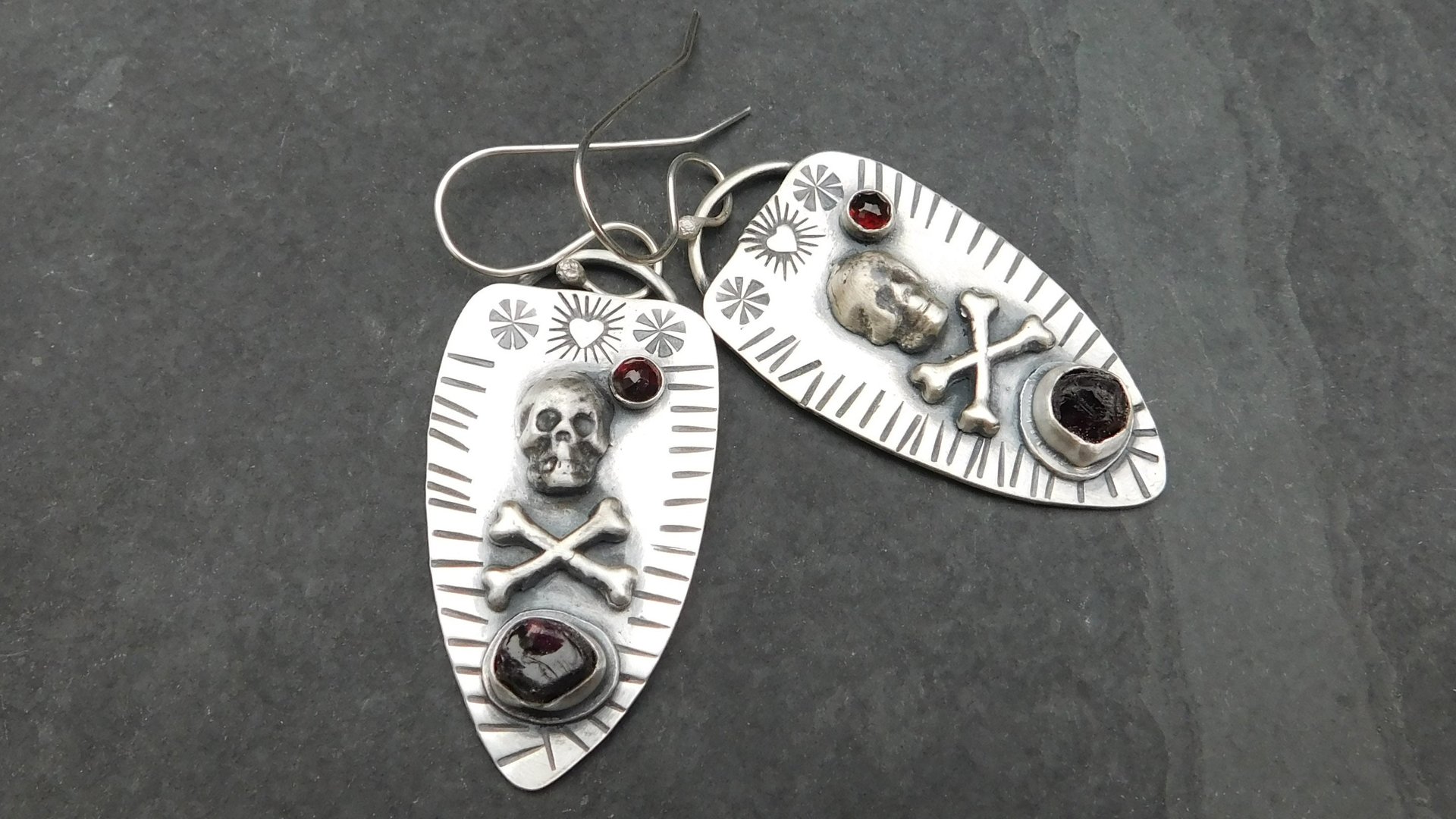Skull Crossbone Rough Ant Hill Garnet Sterling Silver Earrings, Gemstone Skull Jewelry, Day Of The Dead Dangles