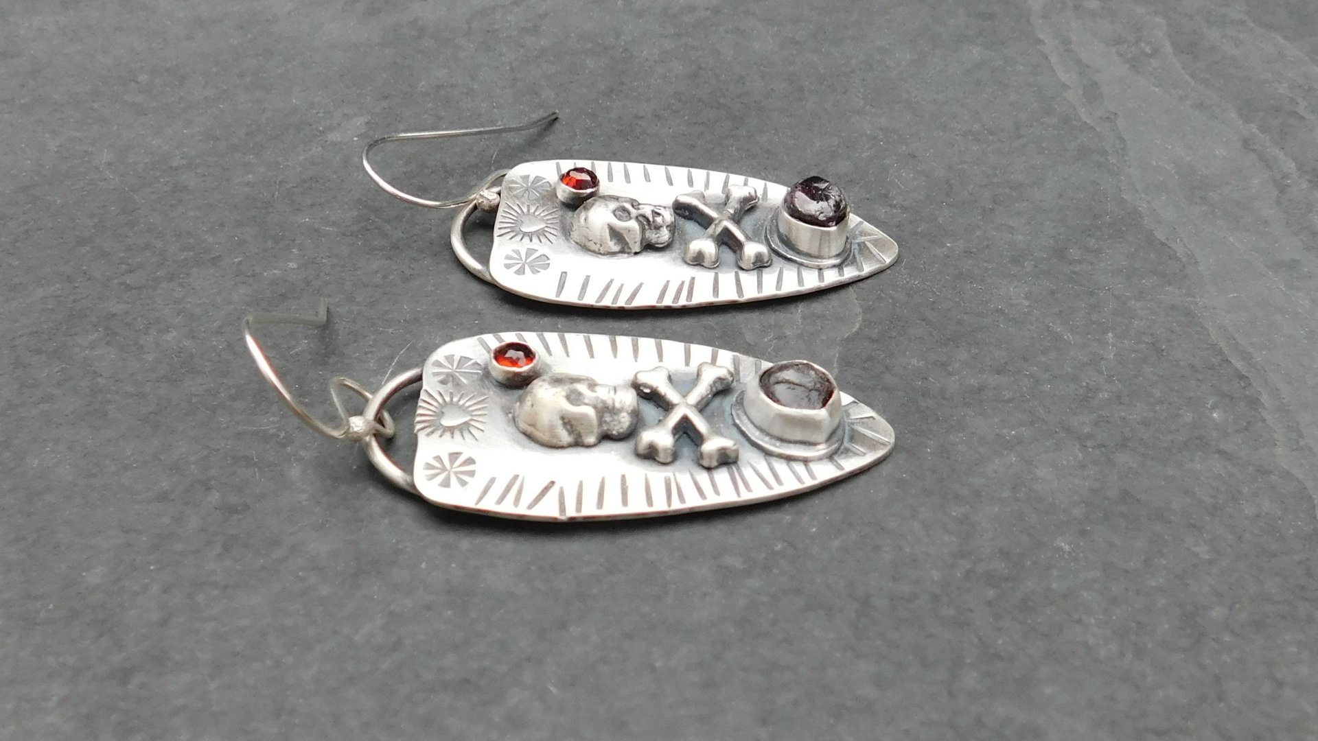 Skull Crossbone Rough Ant Hill Garnet Sterling Silver Earrings, Gemstone Skull Jewelry, Day Of The Dead Dangles