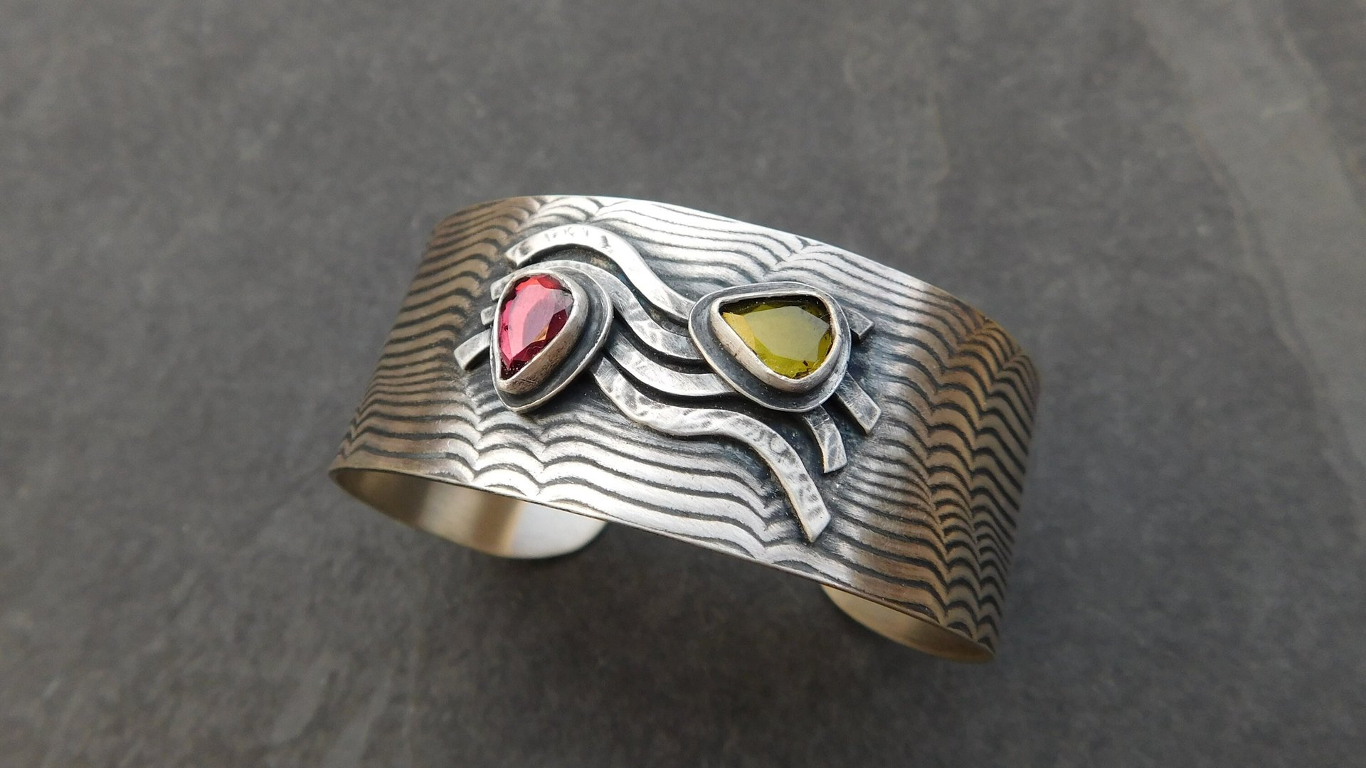 Pink Green Tourmaline Sterling Silver Wavy Wire Modernist Cuff Bracelet