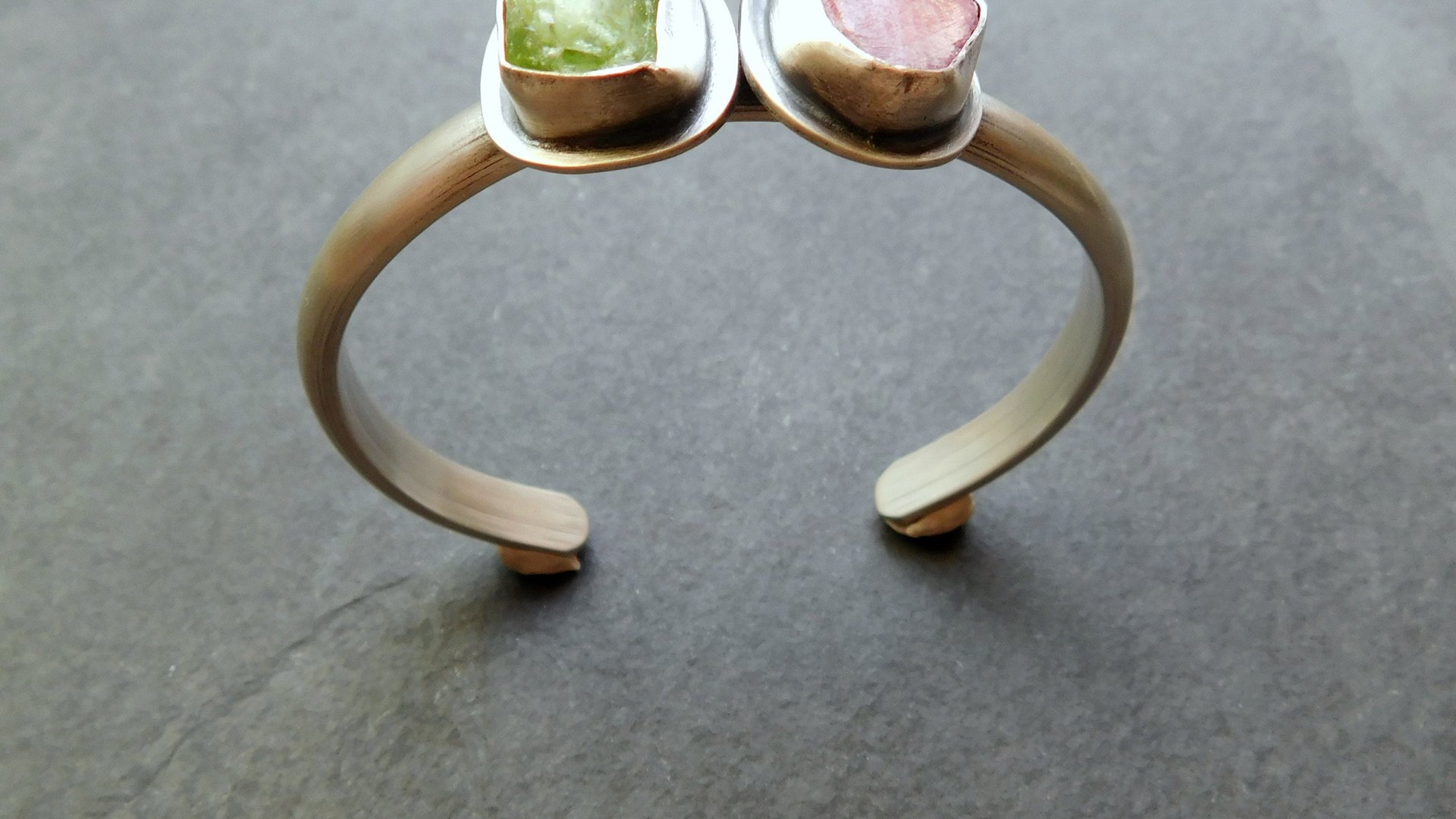 Raw Mineral Peridot Ruby Sterling Silver Bracelet, Pink Green Natural Crystal Jewelry