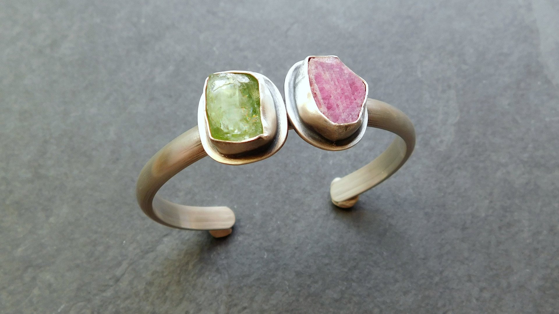 Raw Mineral Peridot Ruby Sterling Silver Bracelet, Pink Green Natural Crystal Jewelry