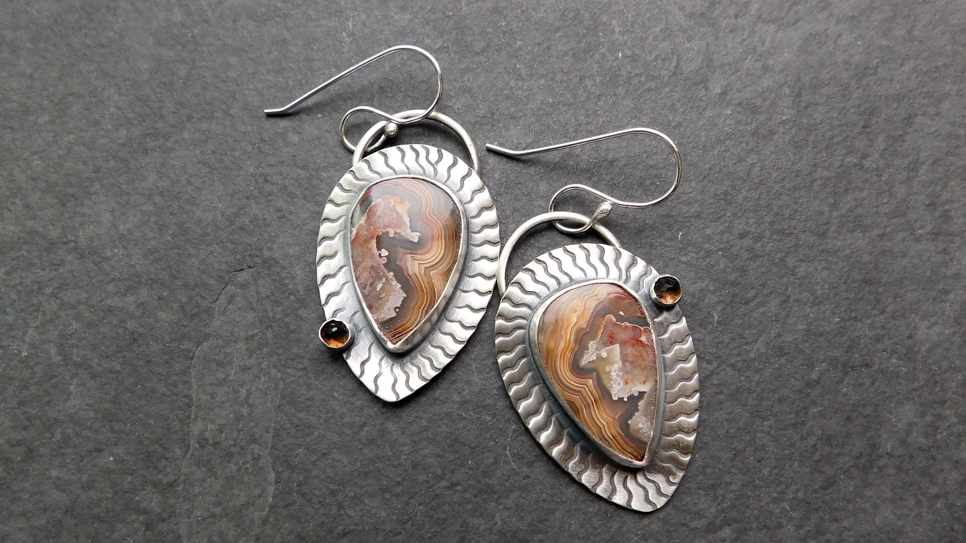 Brown Crazy Lace Agate Smoky Topaz Sterling Silver Wavy Stamped Earrings