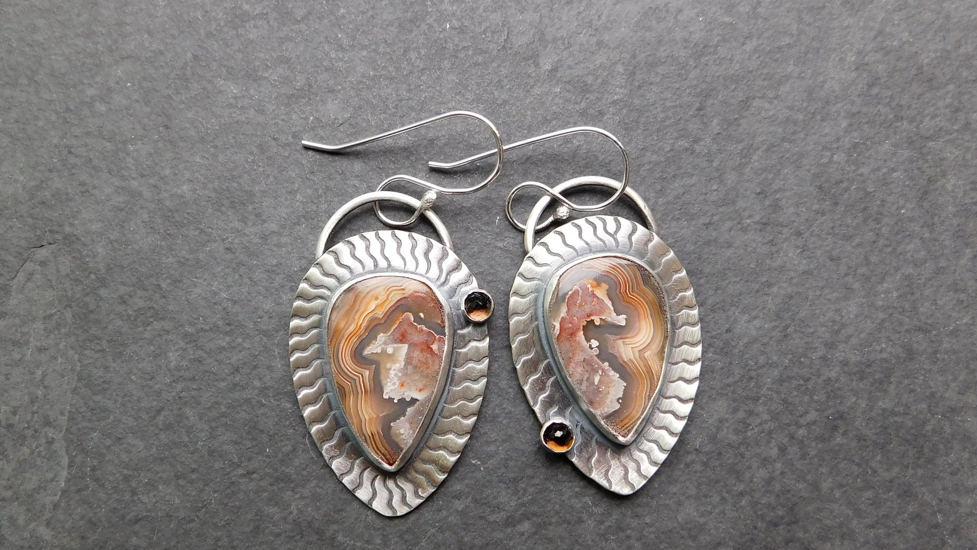 Brown Crazy Lace Agate Smoky Topaz Sterling Silver Wavy Stamped Earrings