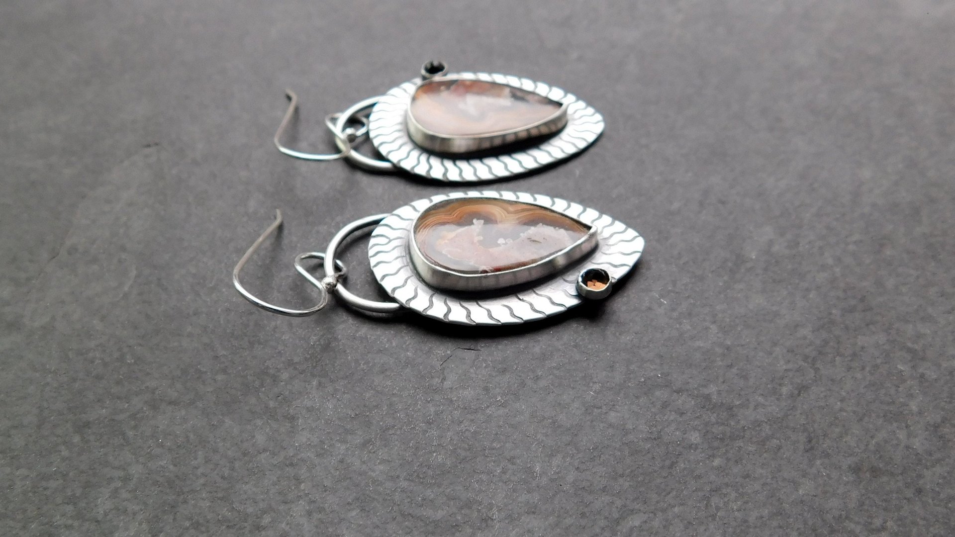Brown Crazy Lace Agate Smoky Topaz Sterling Silver Wavy Stamped Earrings