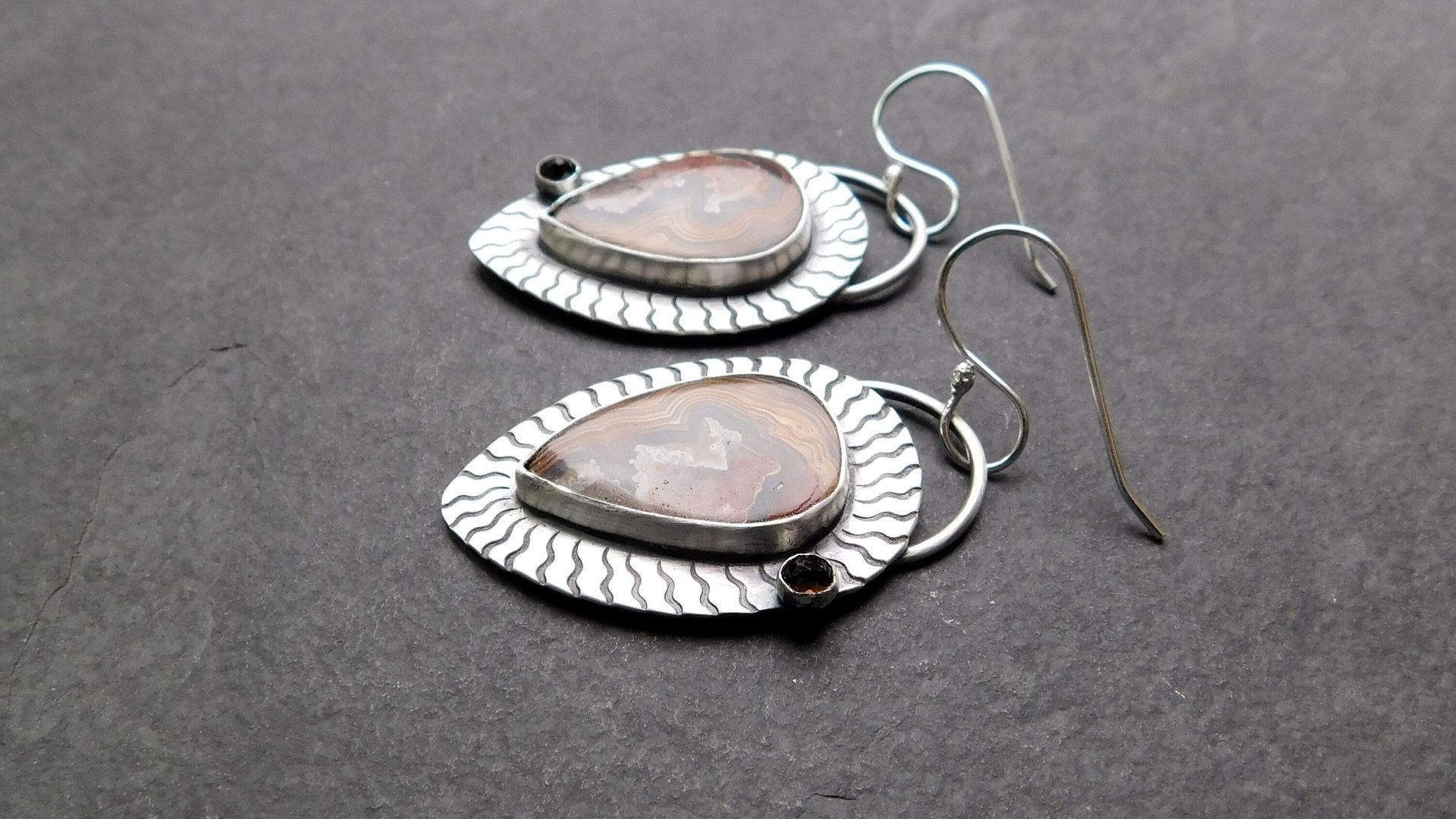 Brown Crazy Lace Agate Smoky Topaz Sterling Silver Wavy Stamped Earrings