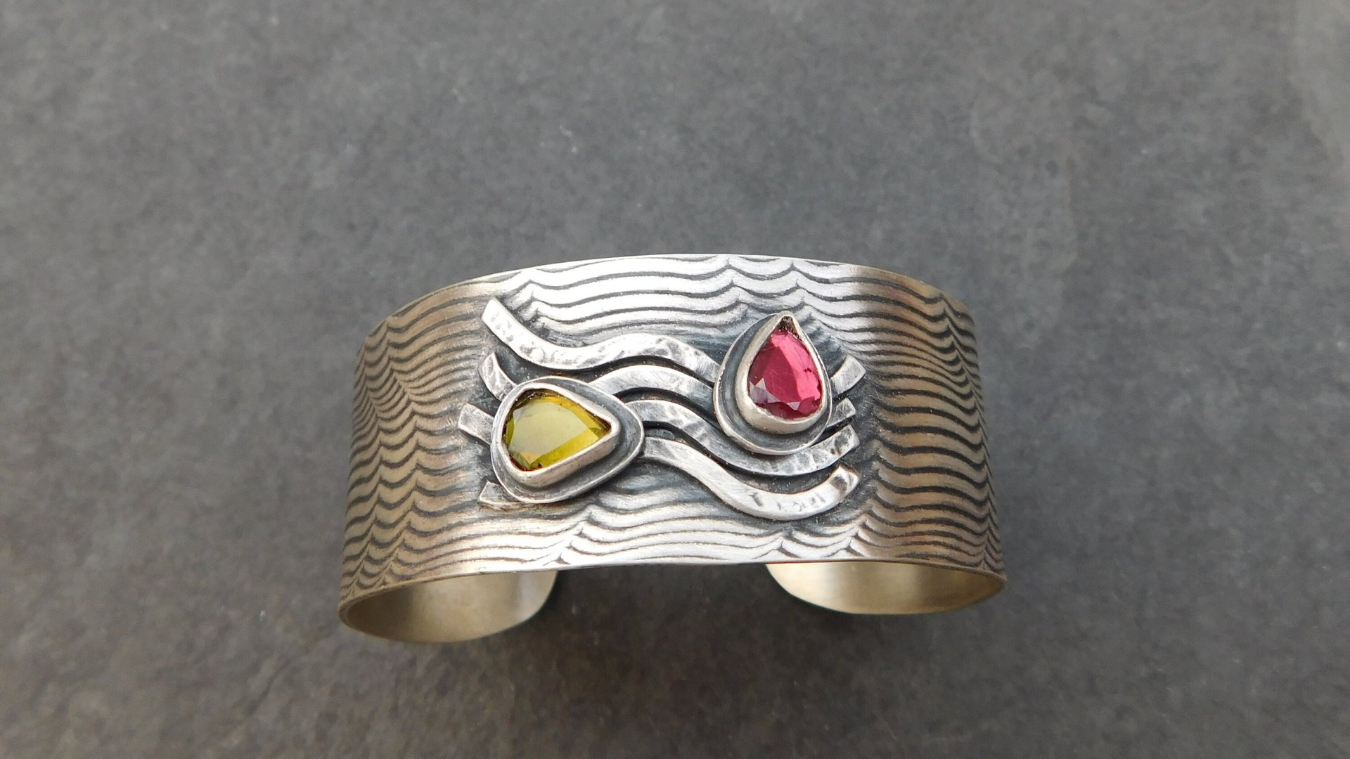 Pink Green Tourmaline Sterling Silver Wavy Wire Modernist Cuff Bracelet