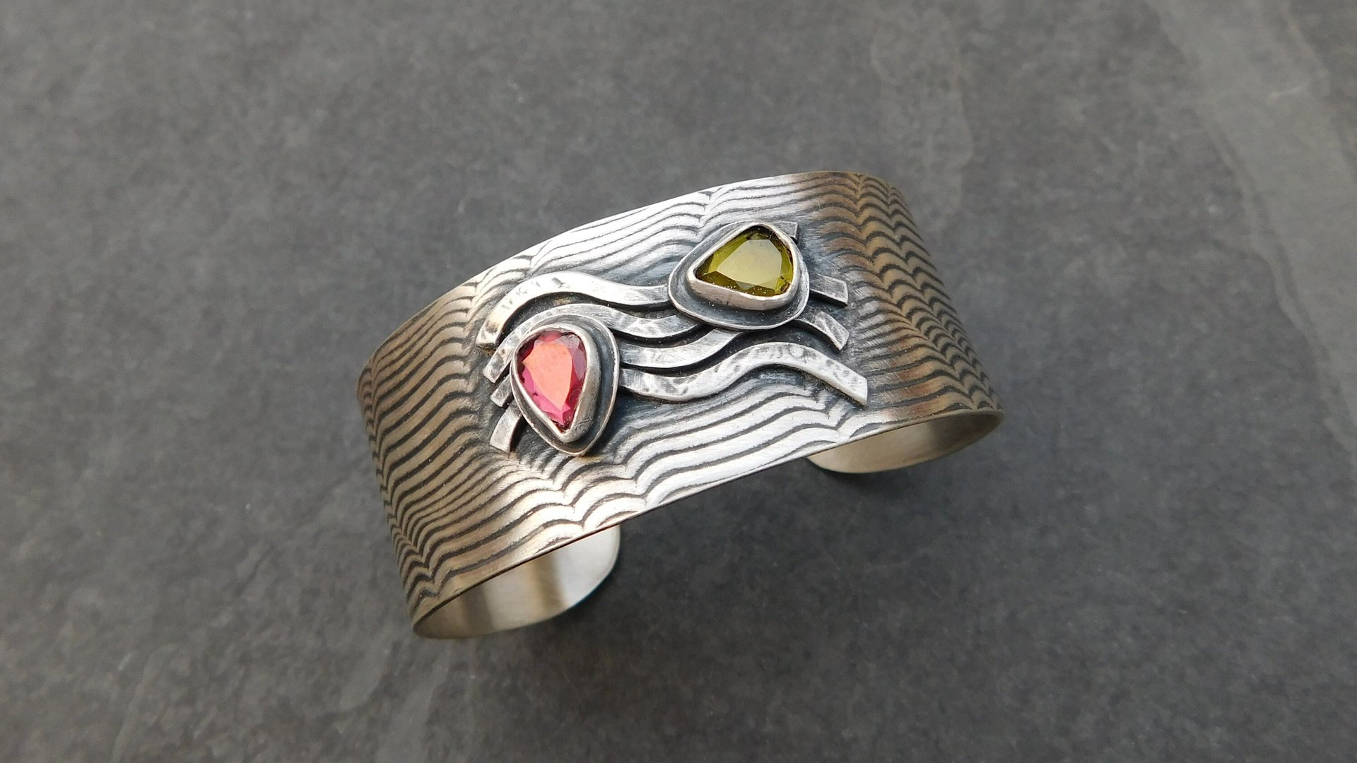 Pink Green Tourmaline Sterling Silver Wavy Wire Modernist Cuff Bracelet