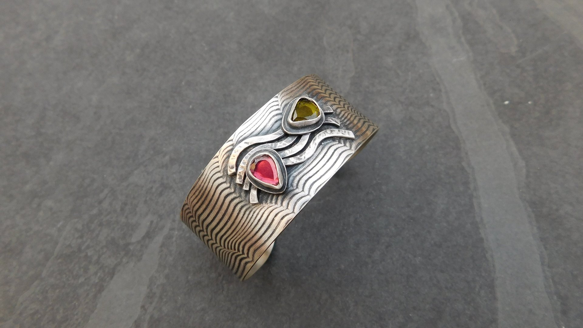 Pink Green Tourmaline Sterling Silver Wavy Wire Modernist Cuff Bracelet