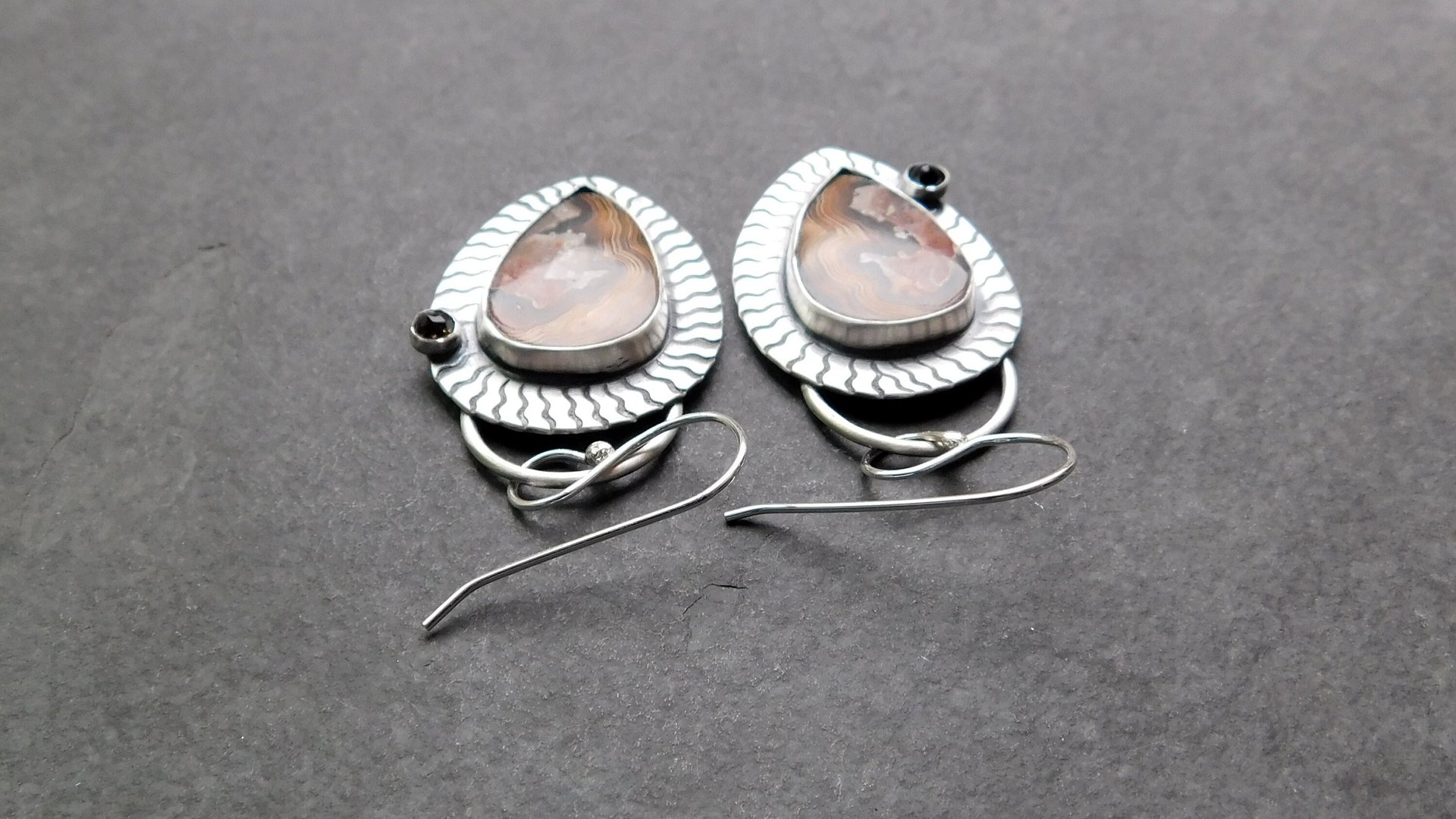 Brown Crazy Lace Agate Smoky Topaz Sterling Silver Wavy Stamped Earrings