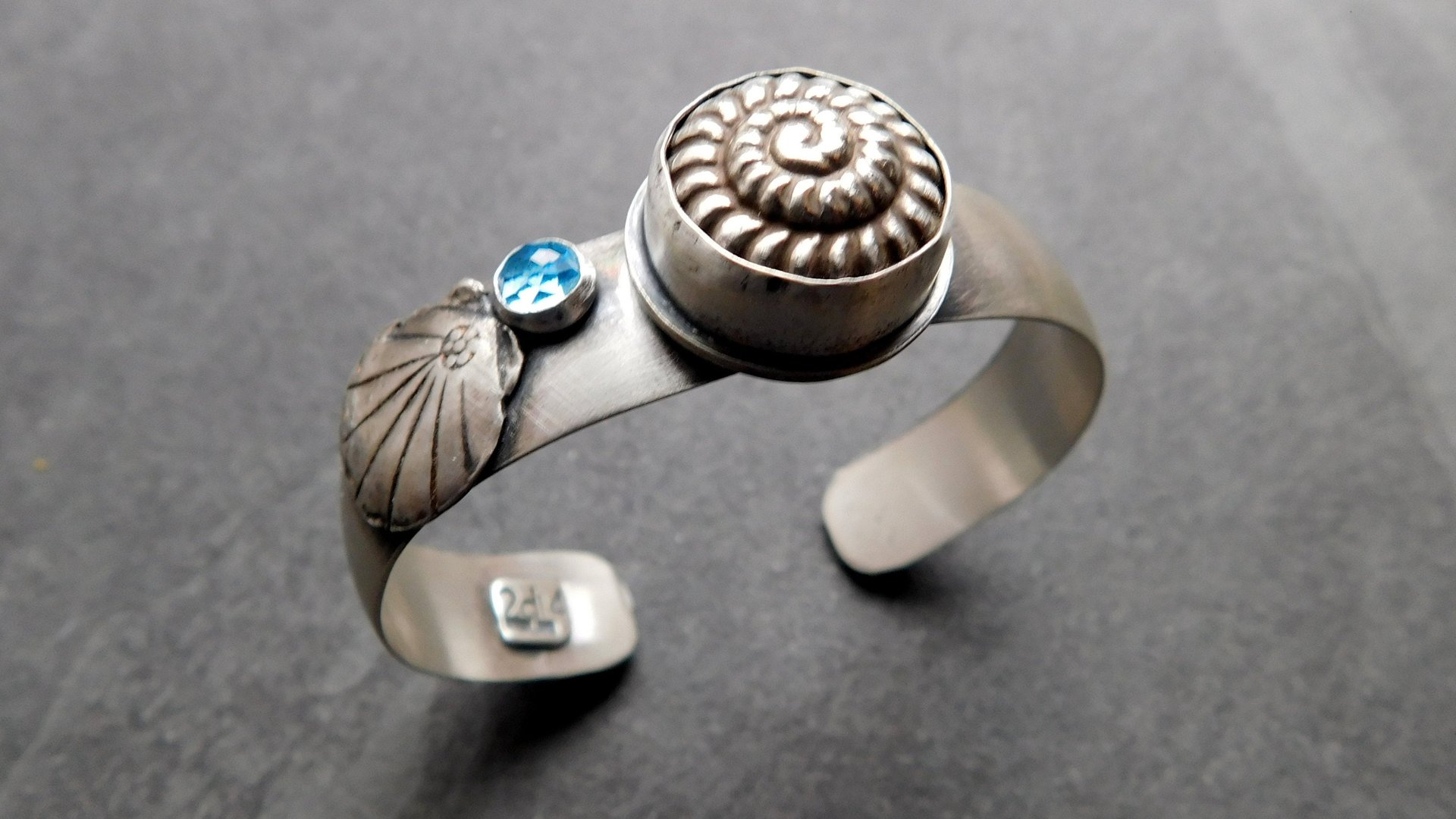 Snail Shell Swiss Blue Topaz Sterling Silver Beach Cuff Bracelet