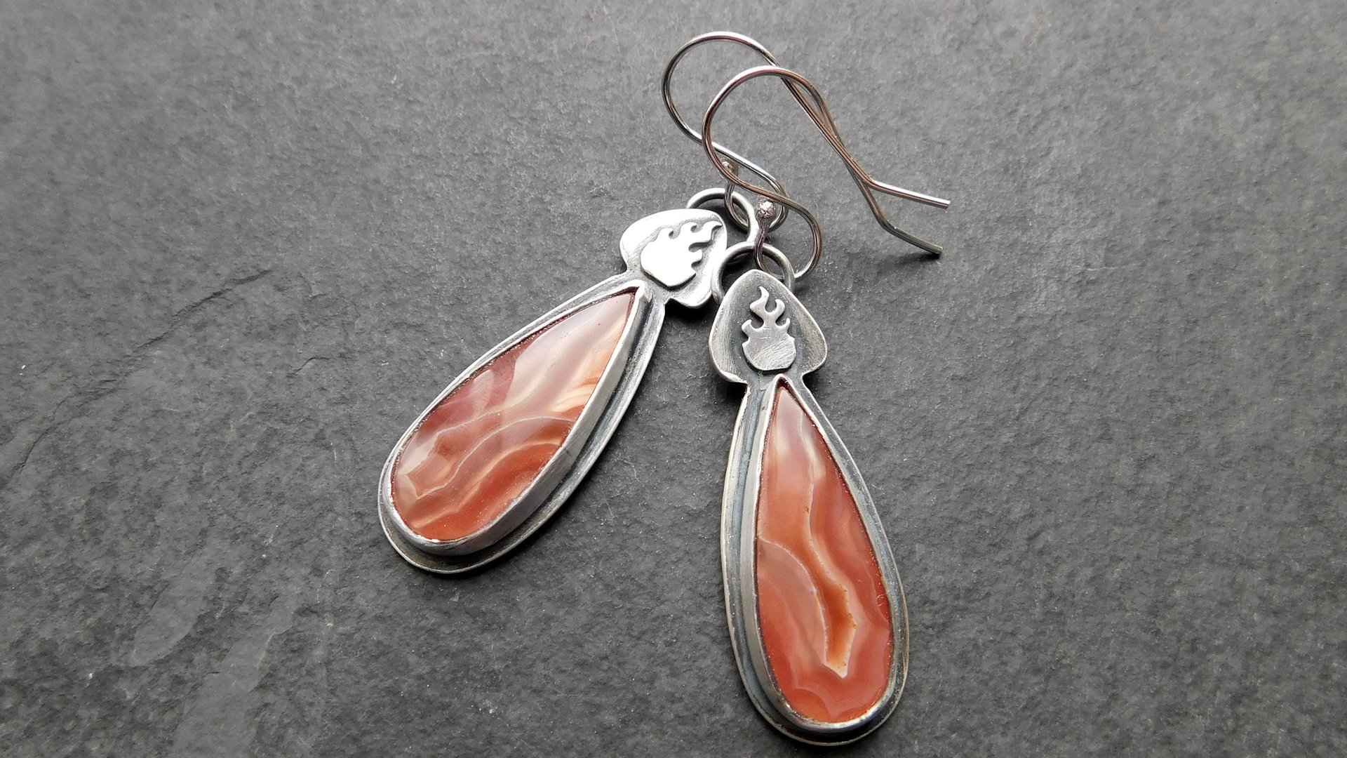 Rust Orange Agua Nueva Agate Sterling Silver Burning Flame Earrings