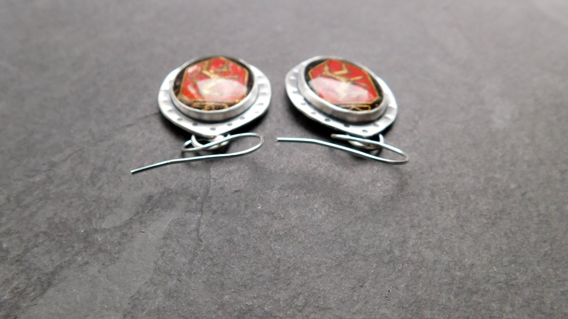 Vintage Red Black Bronze Dragon Glass Stone Sterling Silver Earrings