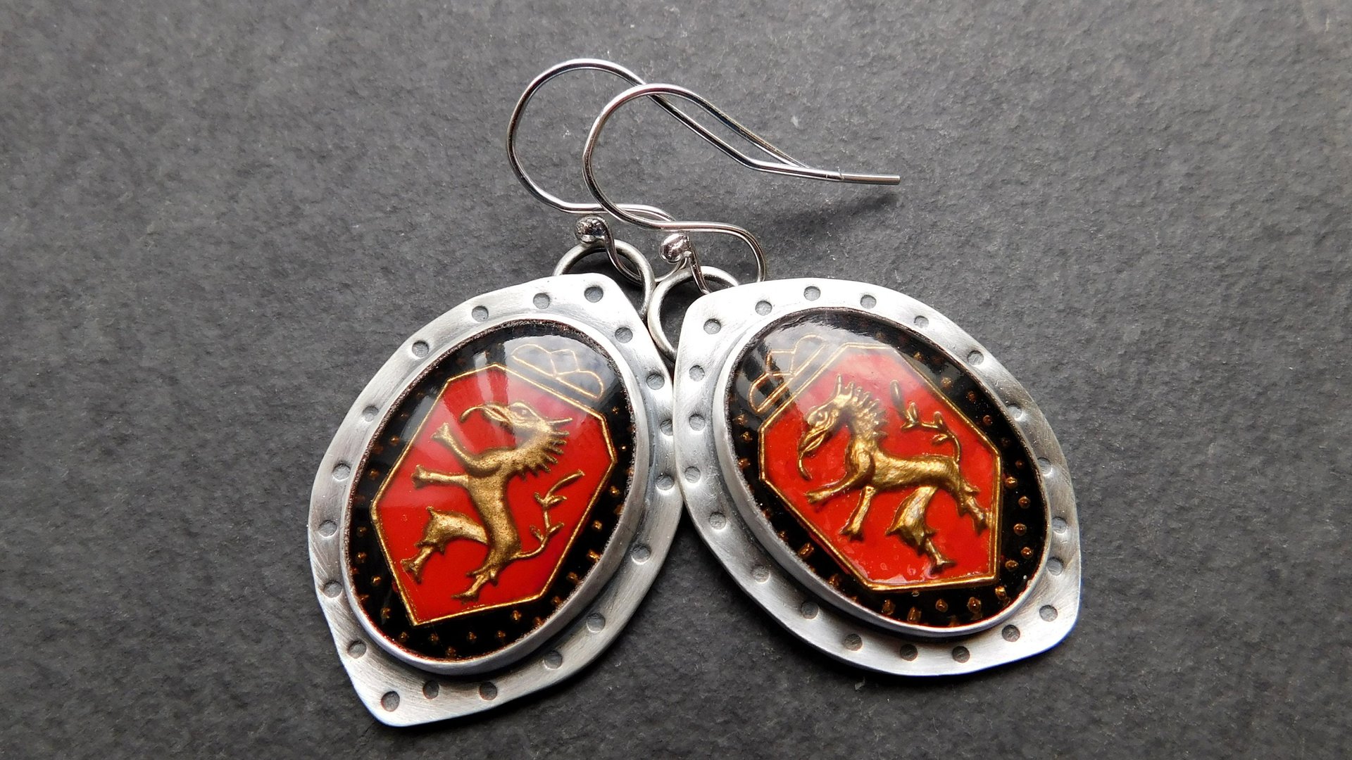 Vintage Red Black Bronze Dragon Glass Stone Sterling Silver Earrings