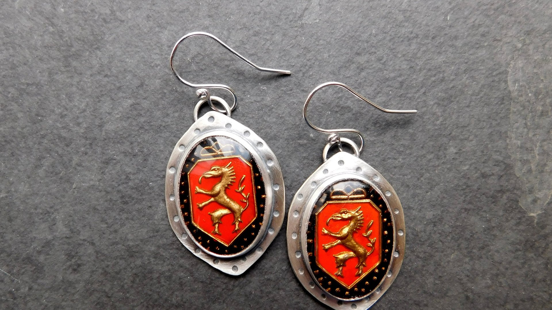 Vintage Red Black Bronze Dragon Glass Stone Sterling Silver Earrings
