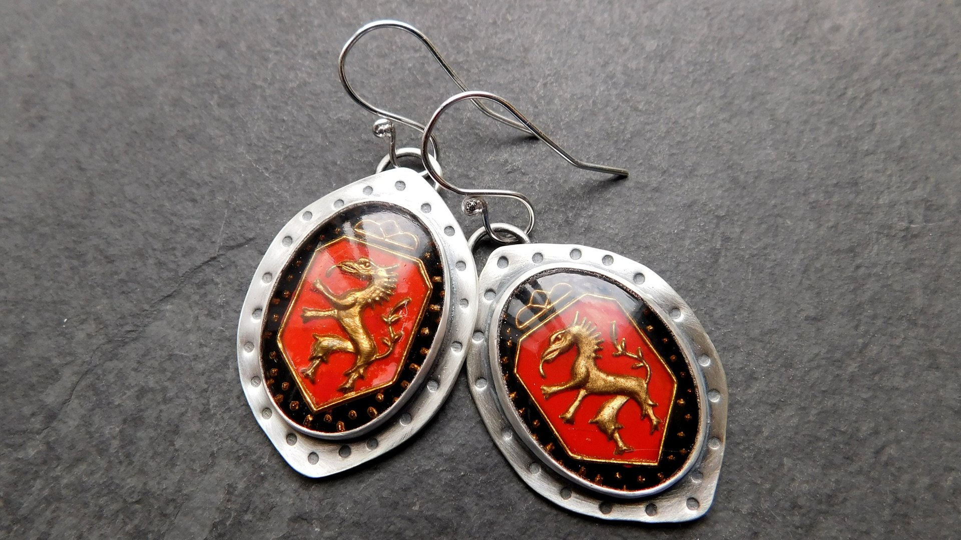 Vintage Red Black Bronze Dragon Glass Stone Sterling Silver Earrings