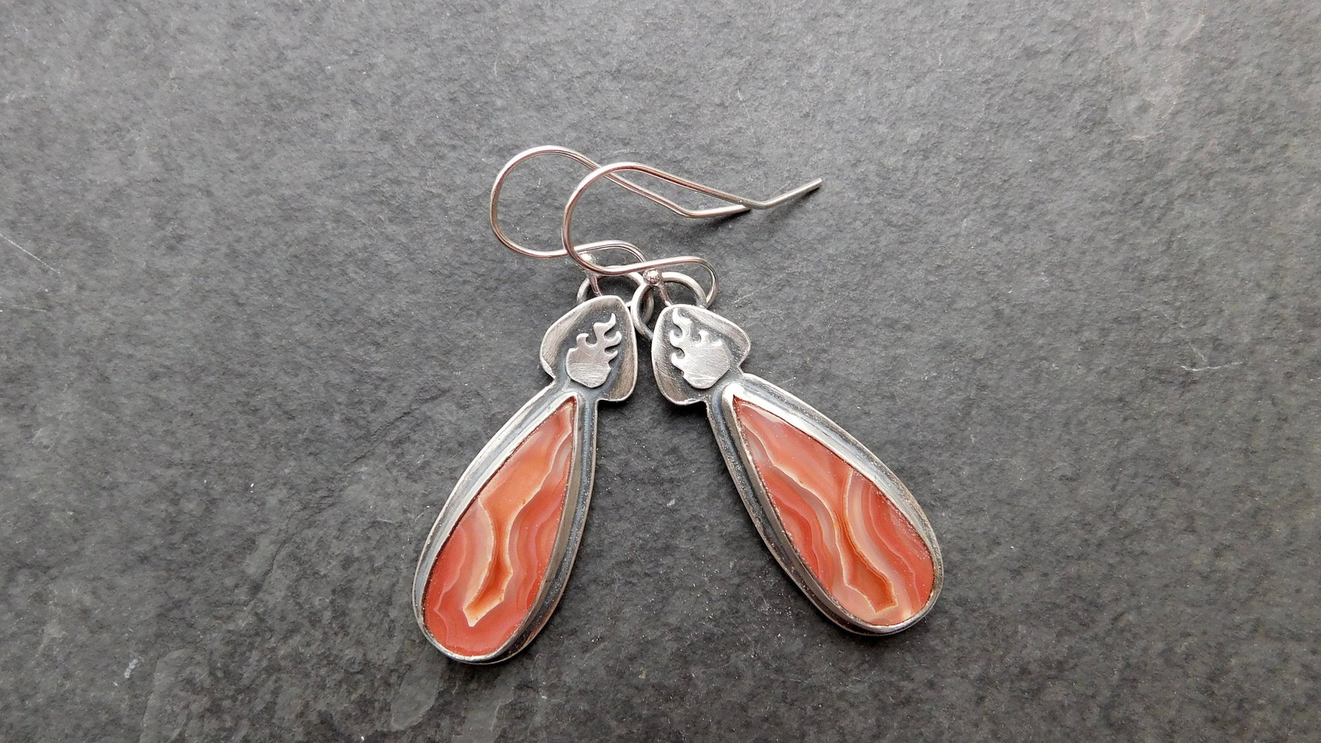 Rust Orange Agua Nueva Agate Sterling Silver Burning Flame Earrings